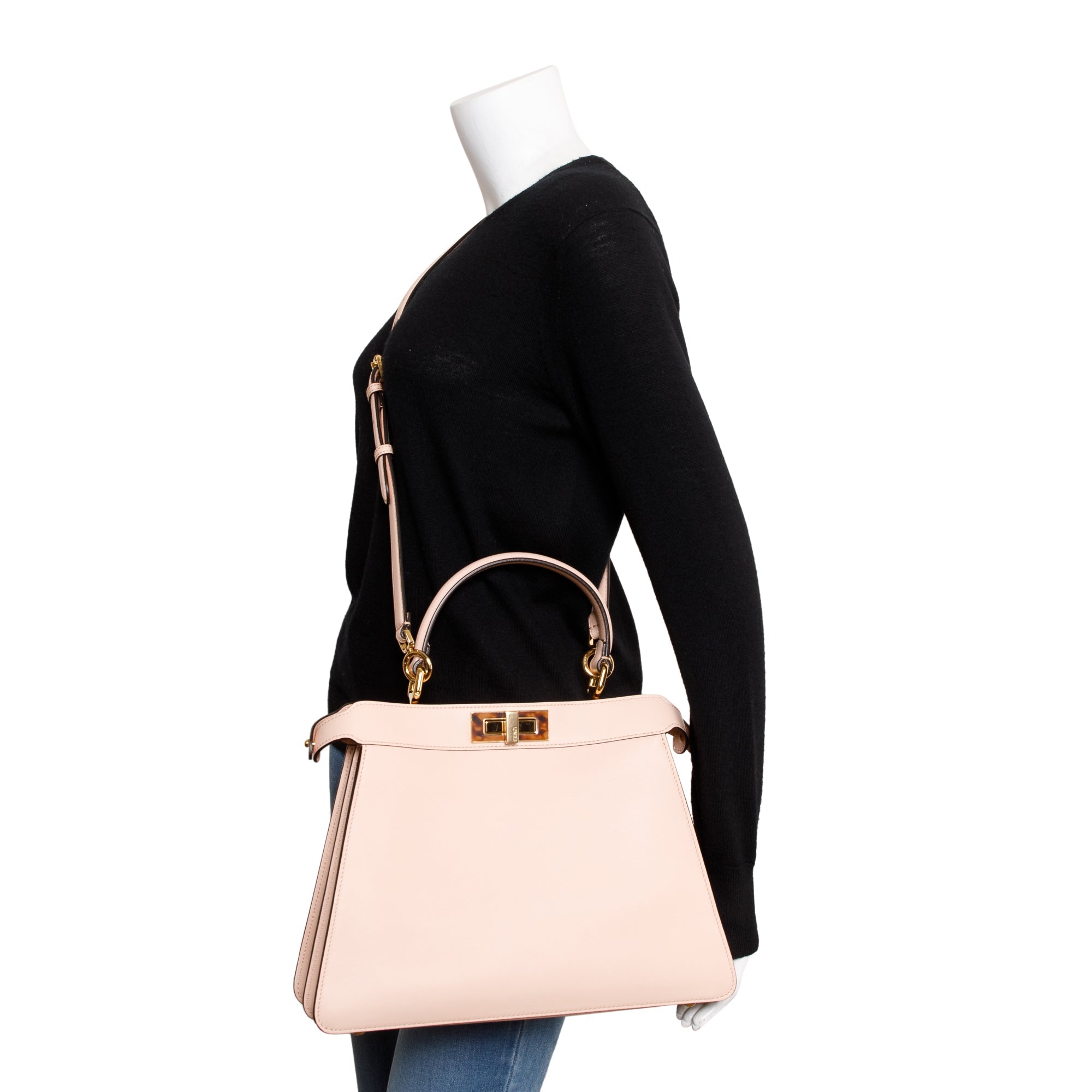 Fendi 2022 Pink Calfskin Leather Medium Peekaboo Bag with Tortoise Detail w/ Strap & Box