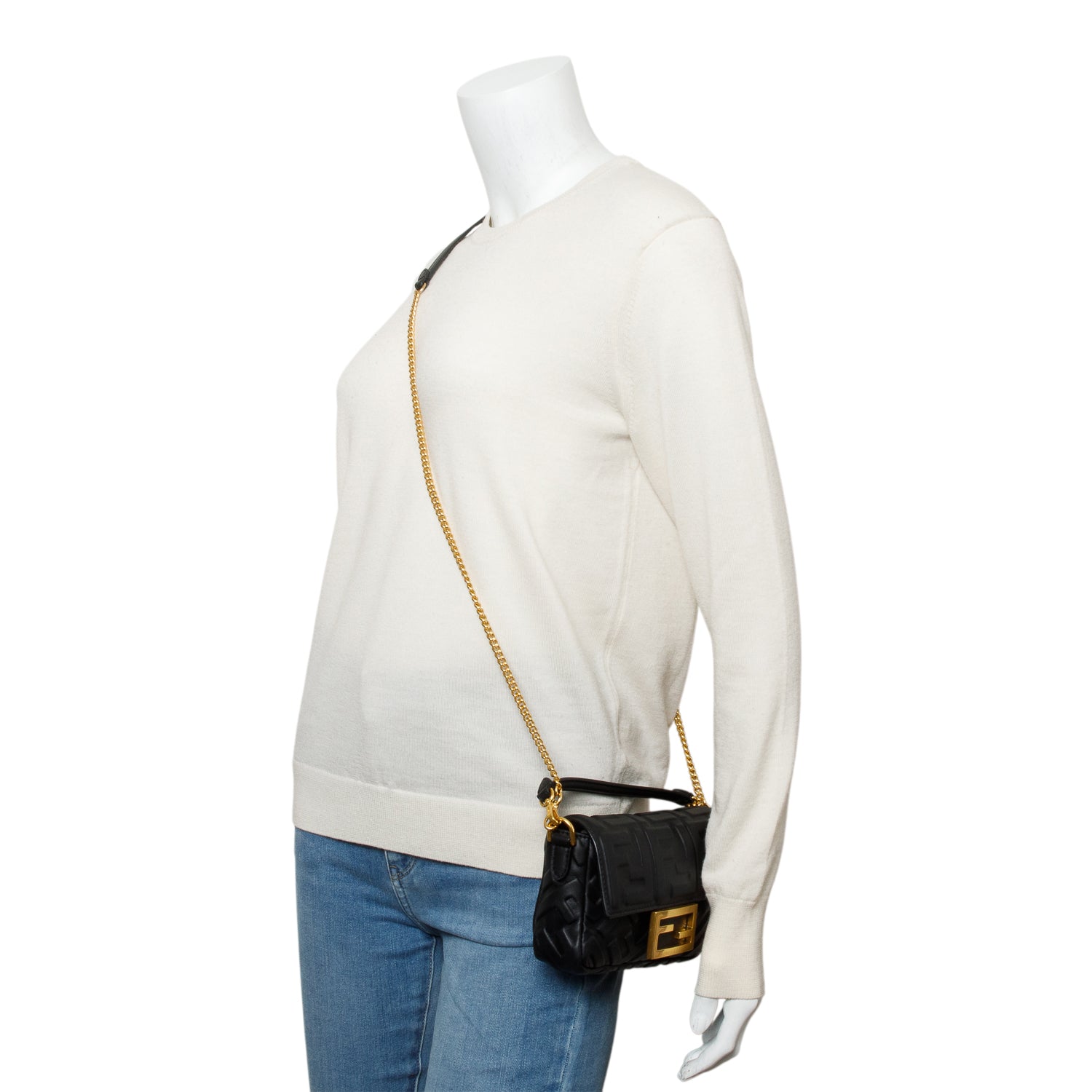 Fendi 2023 Black FF Embossed Nappa Leather Mini Be Baguette Chain Crossbody w/ Straps &Receipt