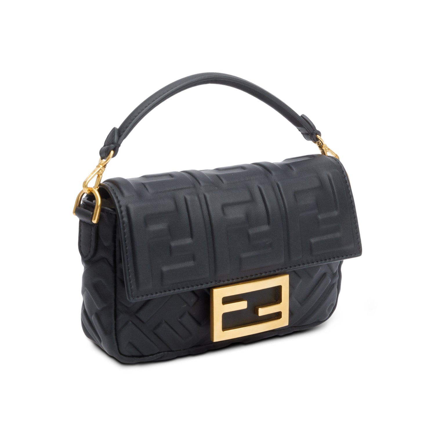 Fendi 2023 Black FF Embossed Nappa Leather Mini Be Baguette Chain Crossbody w/ Straps &Receipt