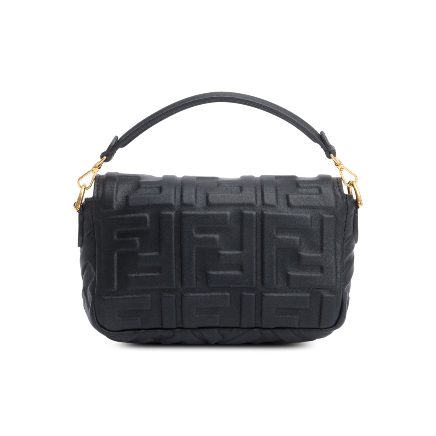 Fendi 2023 Black FF Embossed Nappa Leather Mini Be Baguette Chain Crossbody w/ Straps &Receipt