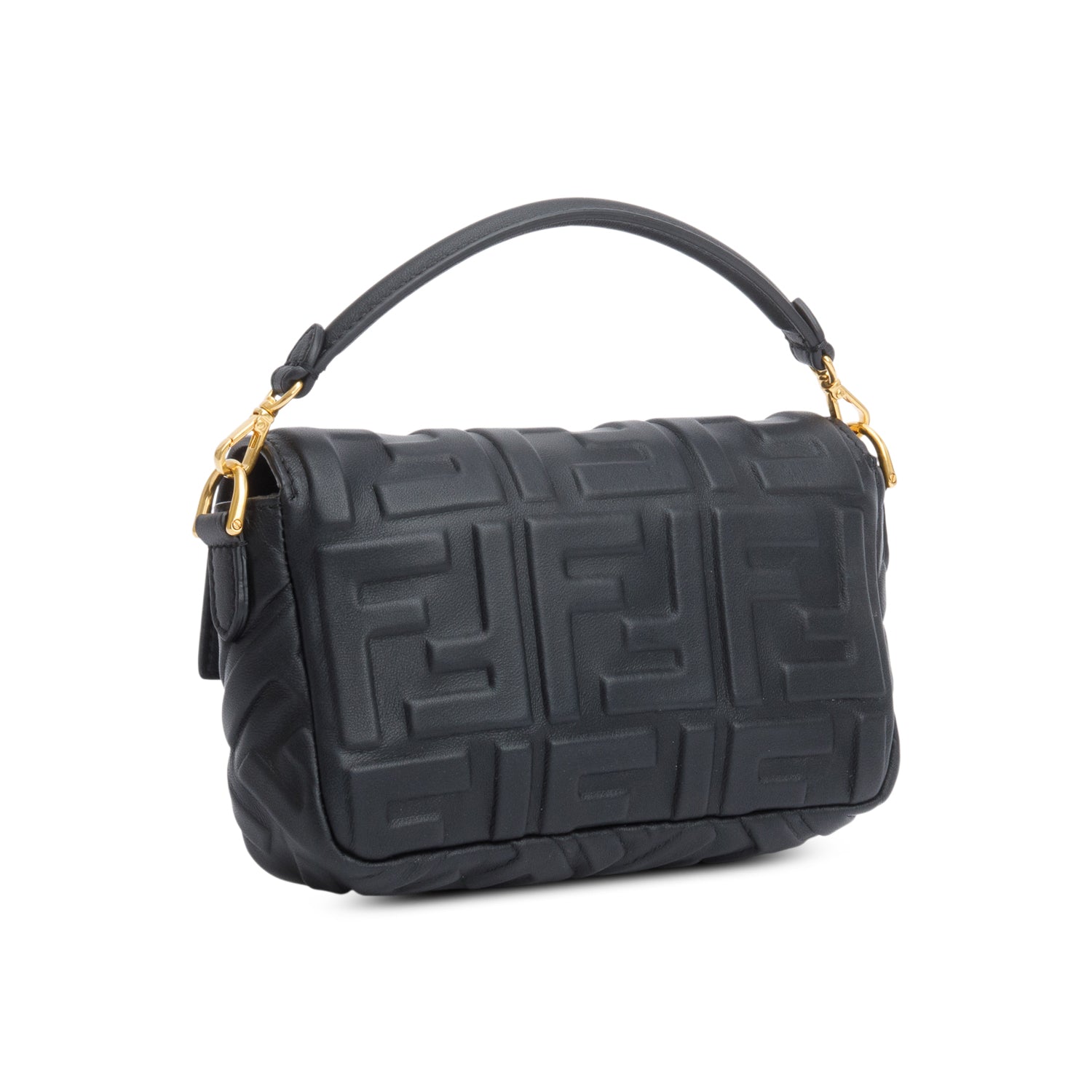Fendi 2023 Black FF Embossed Nappa Leather Mini Be Baguette Chain Crossbody w/ Straps &Receipt
