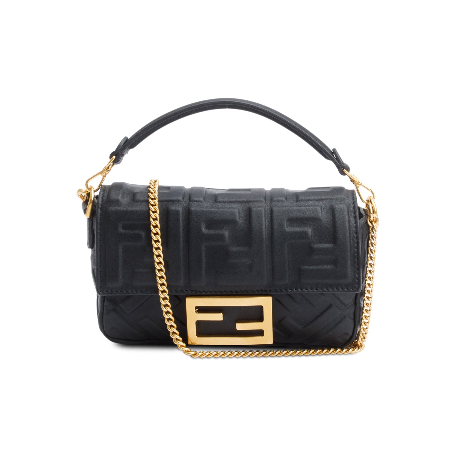 Fendi 2023 Black FF Embossed Nappa Leather Mini Be Baguette Chain Crossbody w/ Straps &Receipt