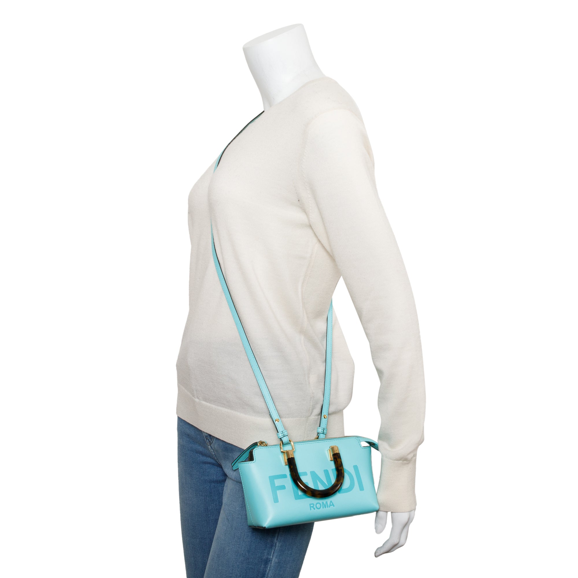 Fendi 2023 Blue Leather By the Way Mini Boston Bag w/ Strap