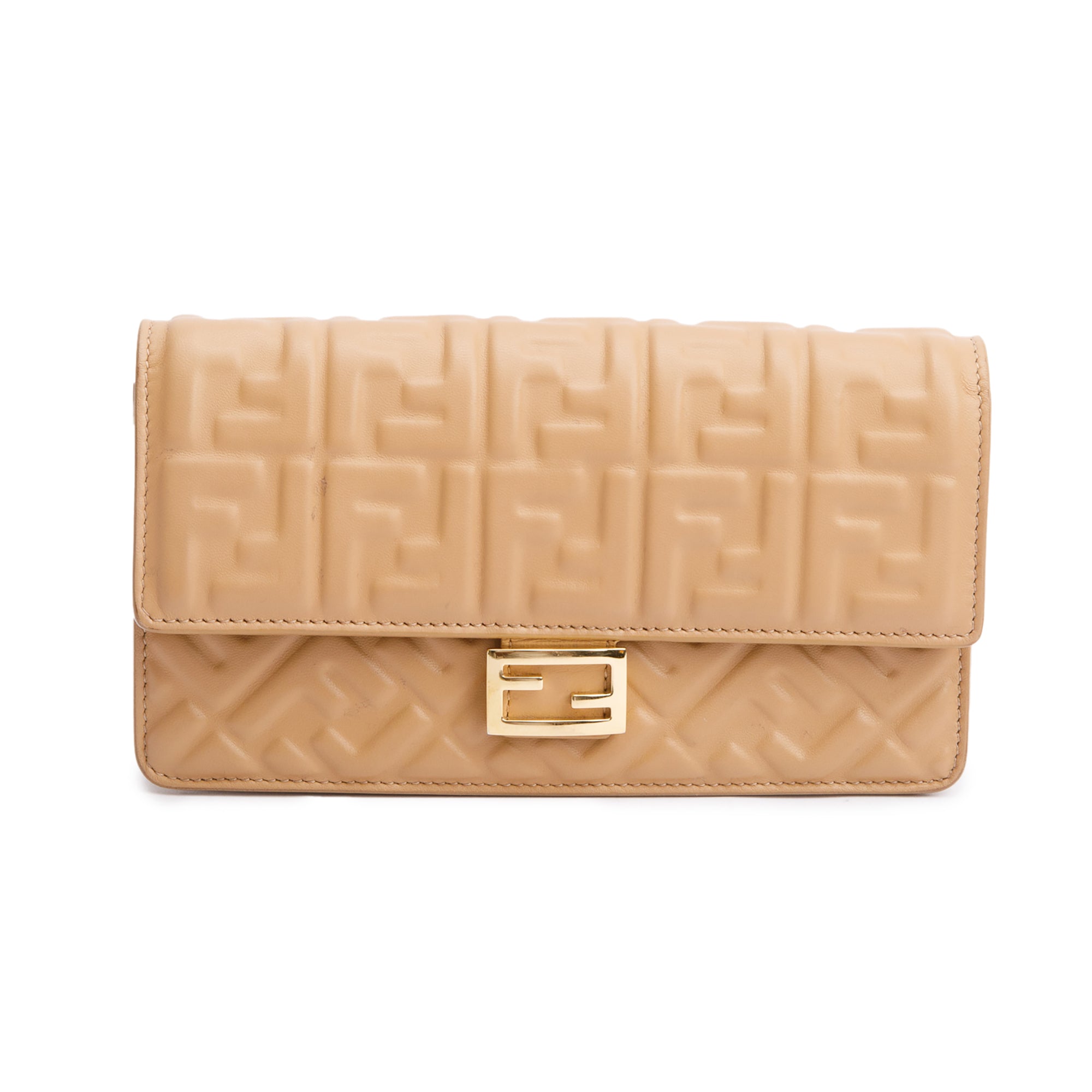 Fendi 2024 Beige FF Embossed Nappa Leather Baguette Wallet on Chain w/ Strap & Box