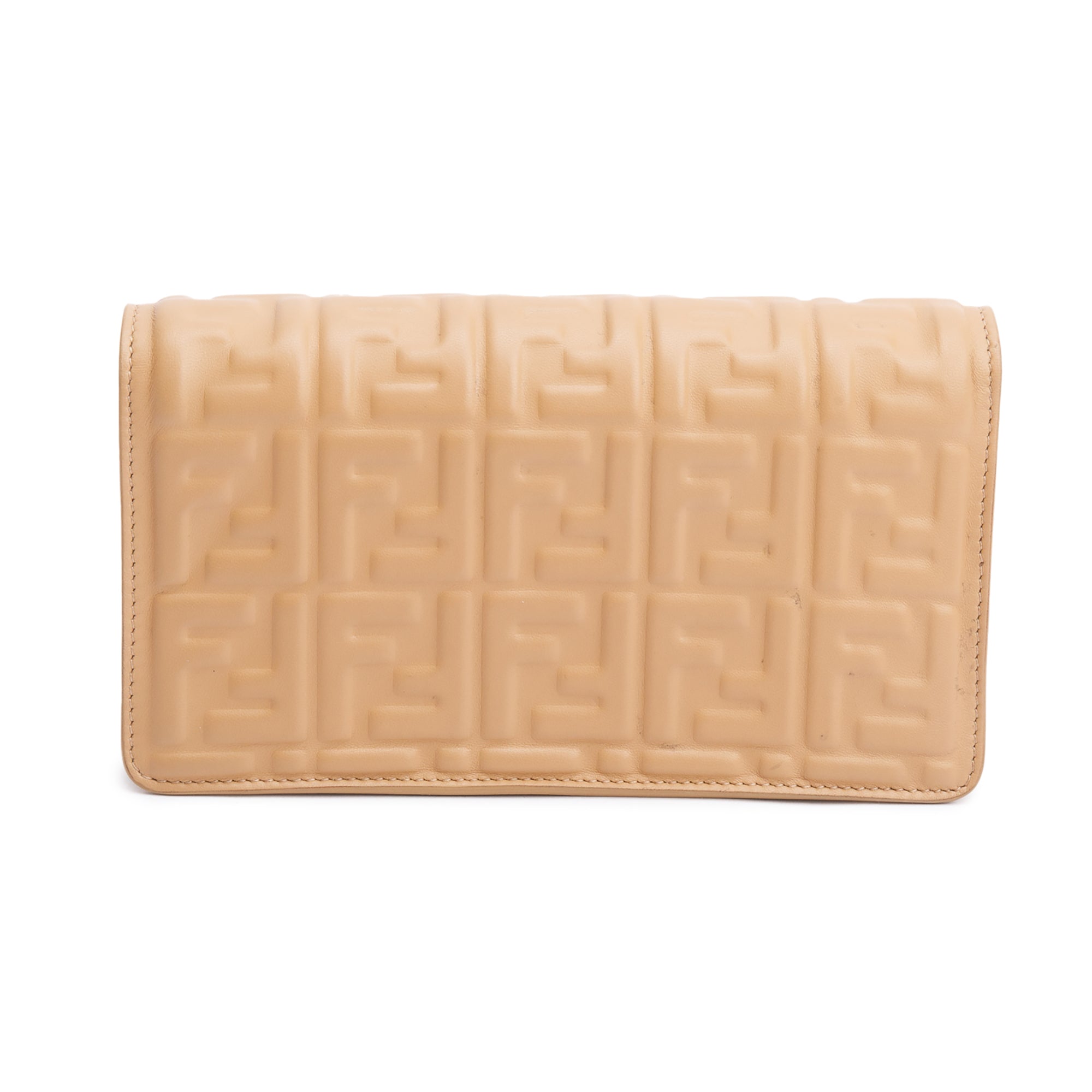 Fendi 2024 Beige FF Embossed Nappa Leather Baguette Wallet on Chain w/ Strap & Box