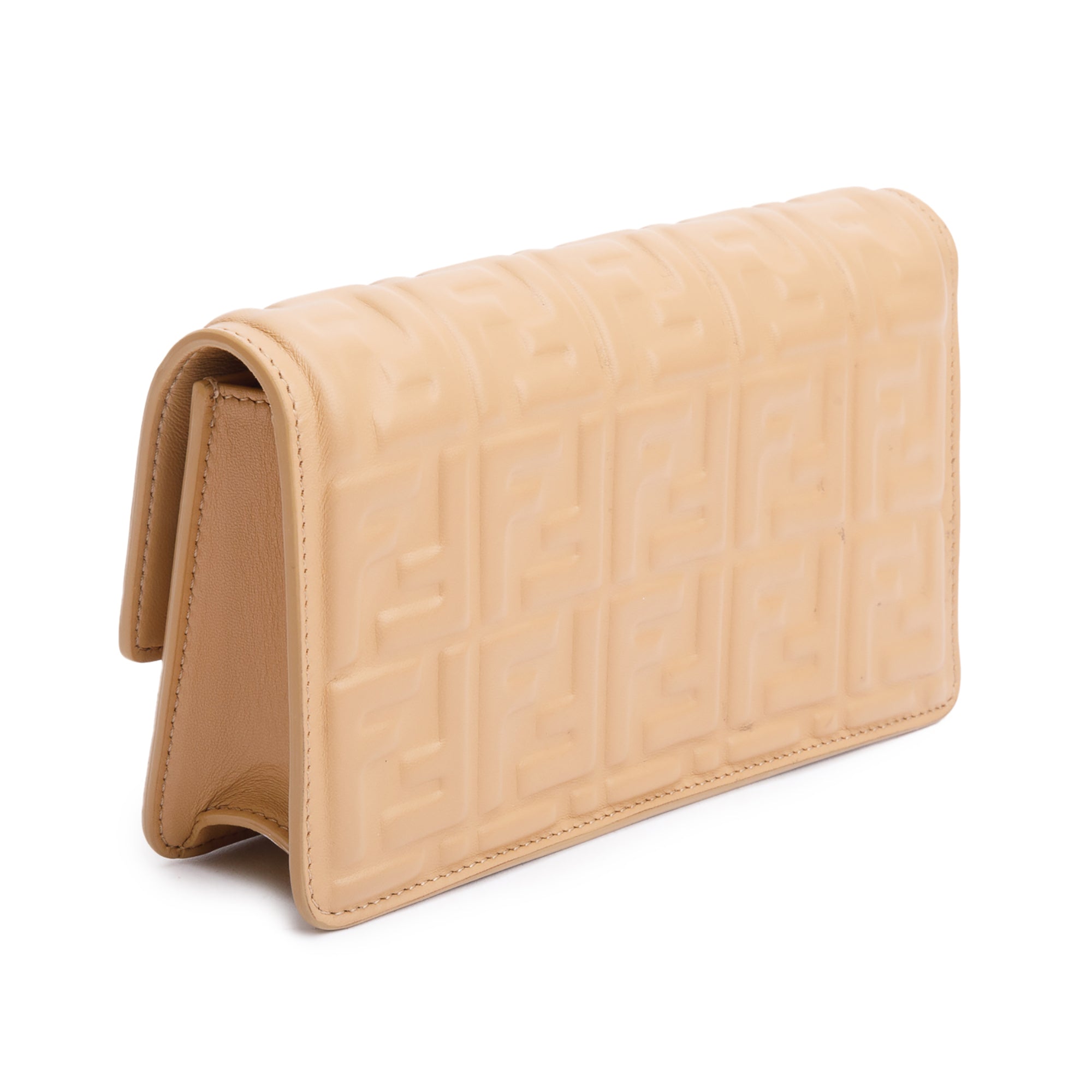 Fendi 2024 Beige FF Embossed Nappa Leather Baguette Wallet on Chain w/ Strap & Box