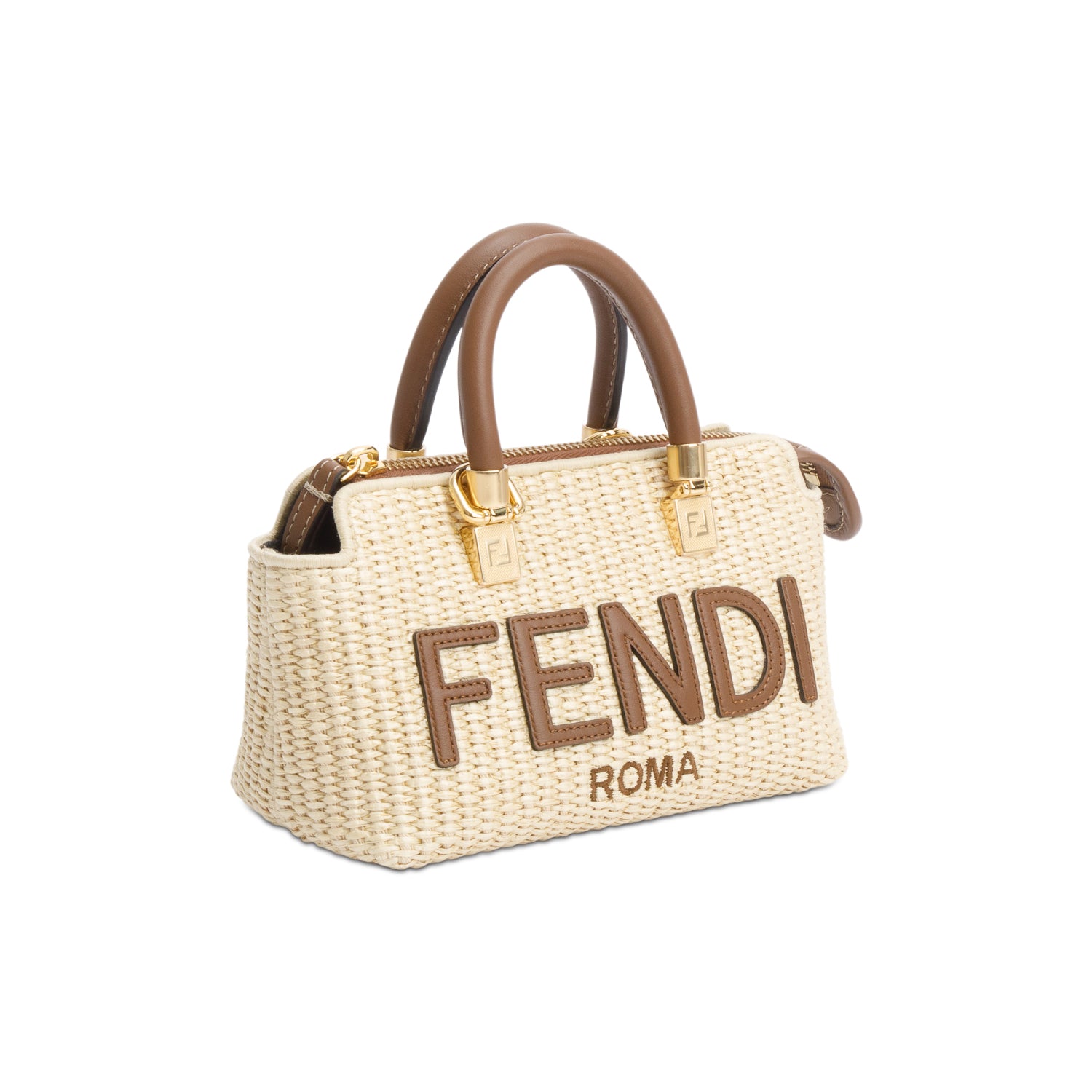Fendi 2024 Neutral Raffia By the Way Mini Boston Bag w/ Strap