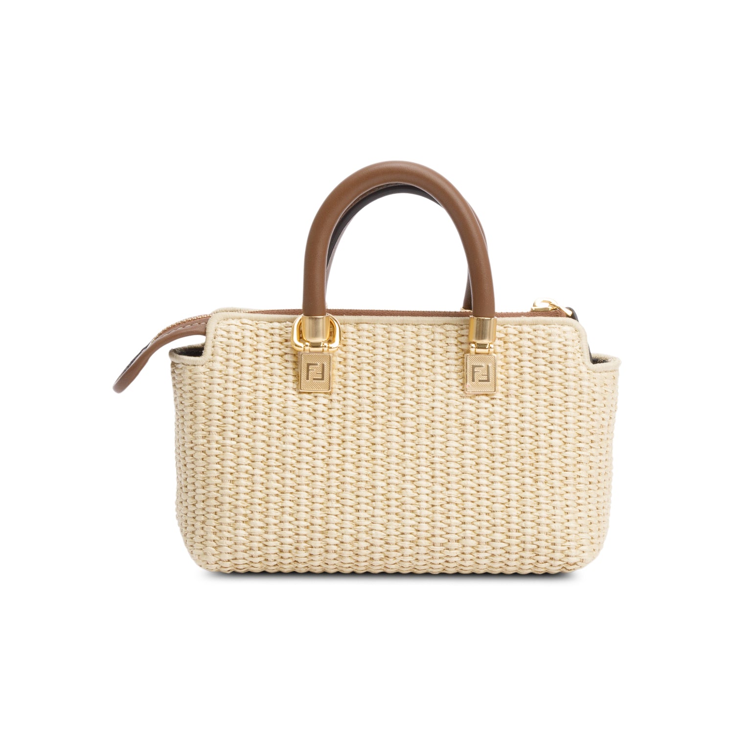 Fendi 2024 Neutral Raffia By the Way Mini Boston Bag w/ Strap