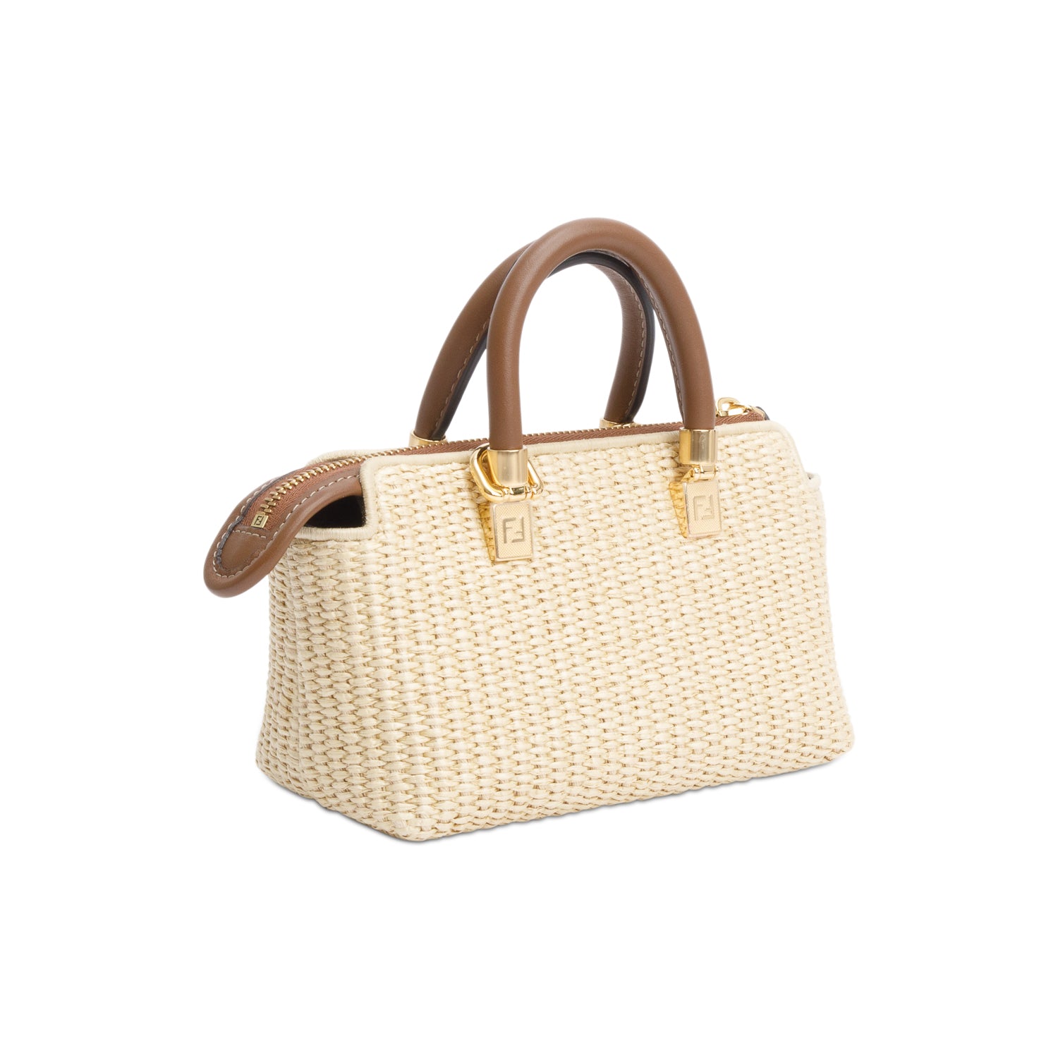 Fendi 2024 Neutral Raffia By the Way Mini Boston Bag w/ Strap