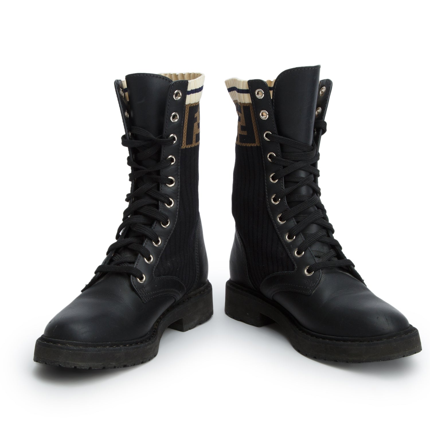 Fendi Black Calfskin Stretch Fabric Rockoko Biker Boots, Women's Size 35