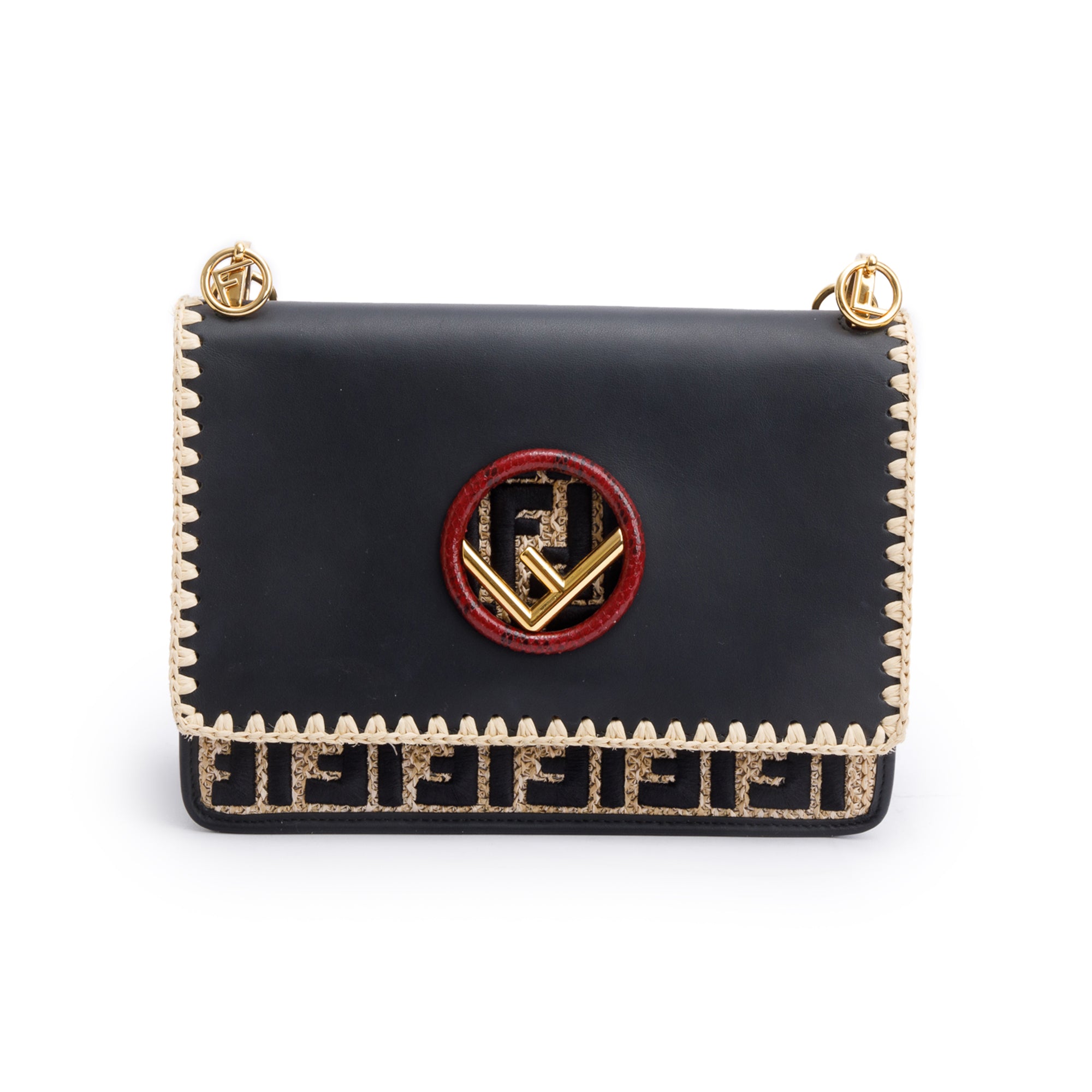 Fendi Black Calfskin Leather Raffia Snakeskin FF Embroidered Medium F is Fendi Kan I Shoulder Bag w/ Straps