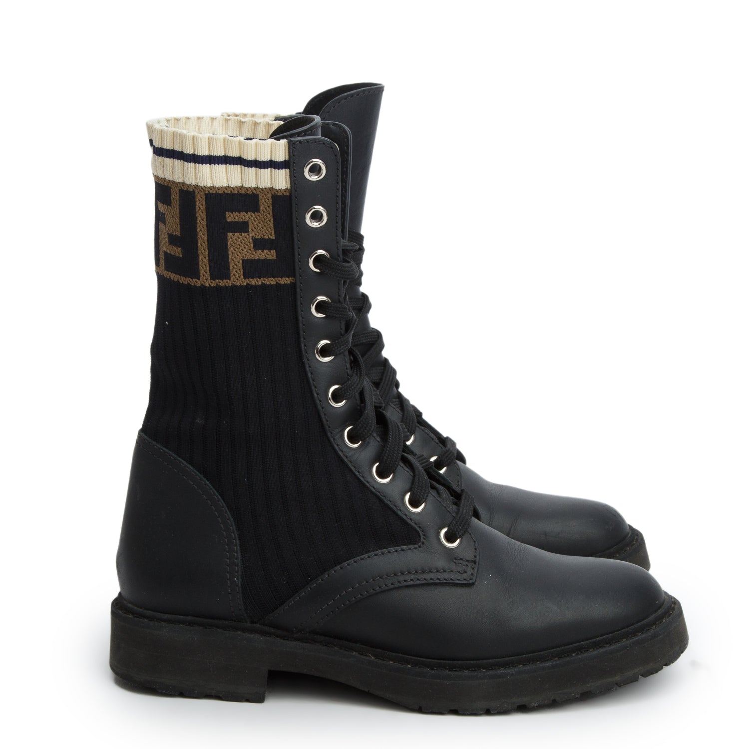 Fendi Black Calfskin Stretch Fabric Rockoko Biker Boots, Women's Size 35