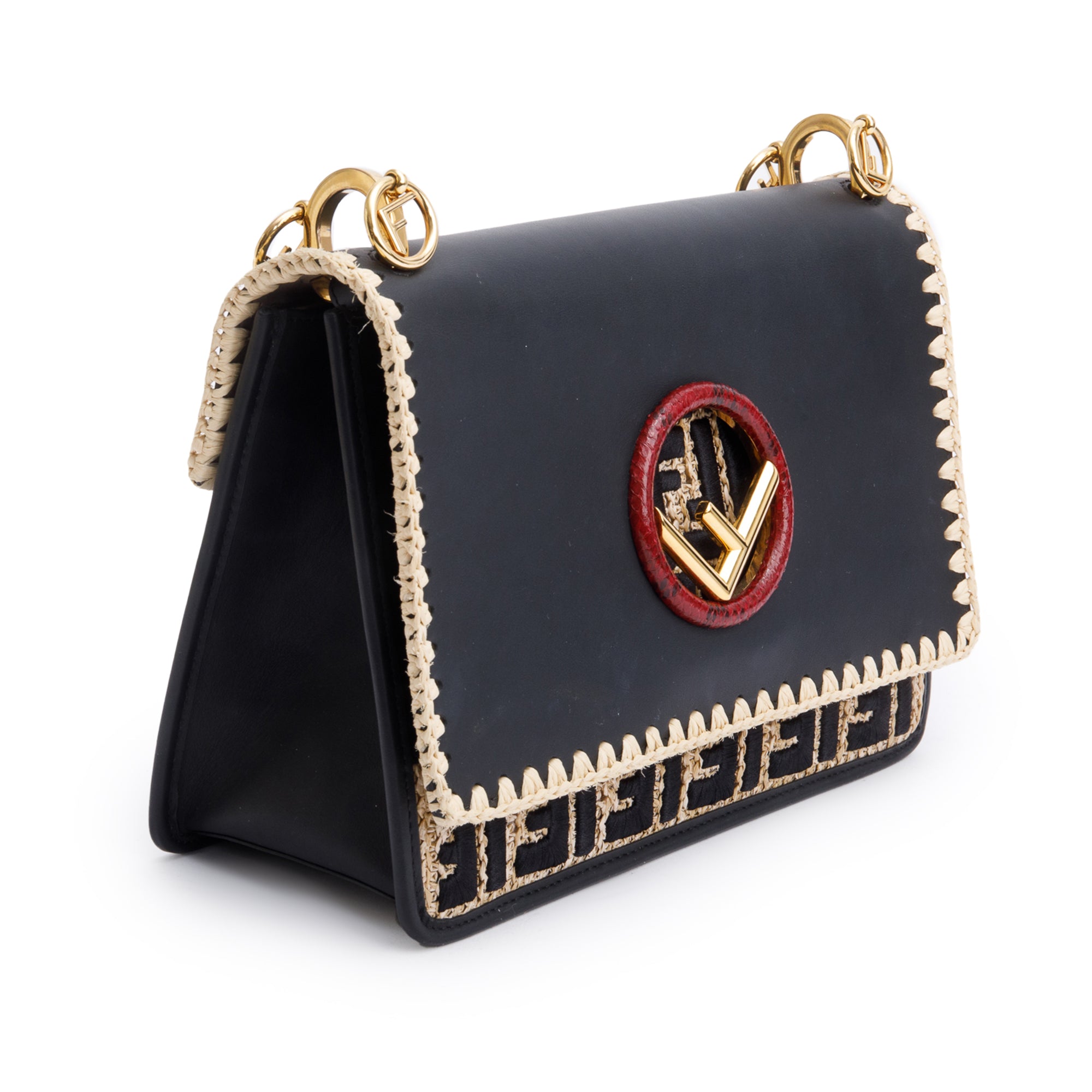 Fendi Black Calfskin Leather Raffia Snakeskin FF Embroidered Medium F is Fendi Kan I Shoulder Bag w/ Straps