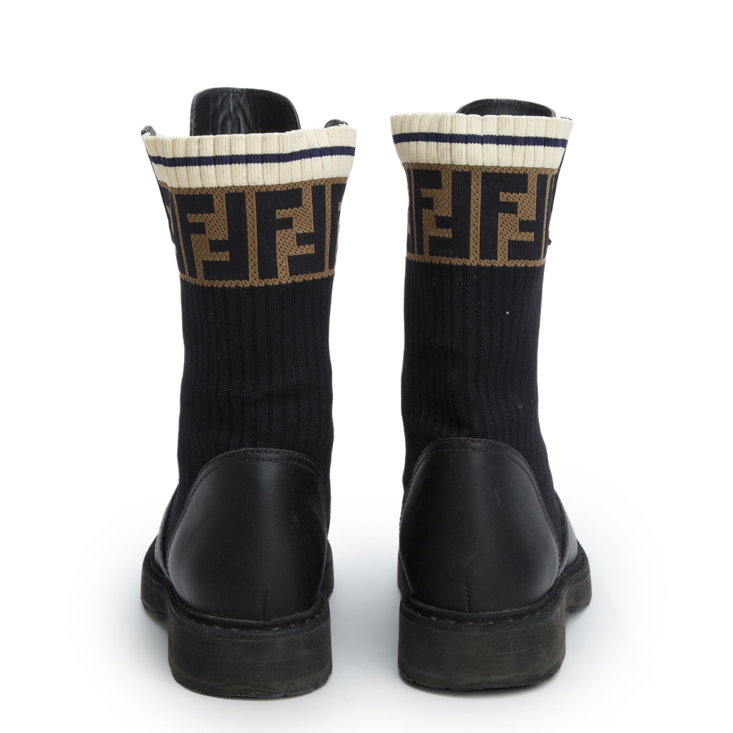 Fendi Black Calfskin Stretch Fabric Rockoko Biker Boots, Women's Size 35