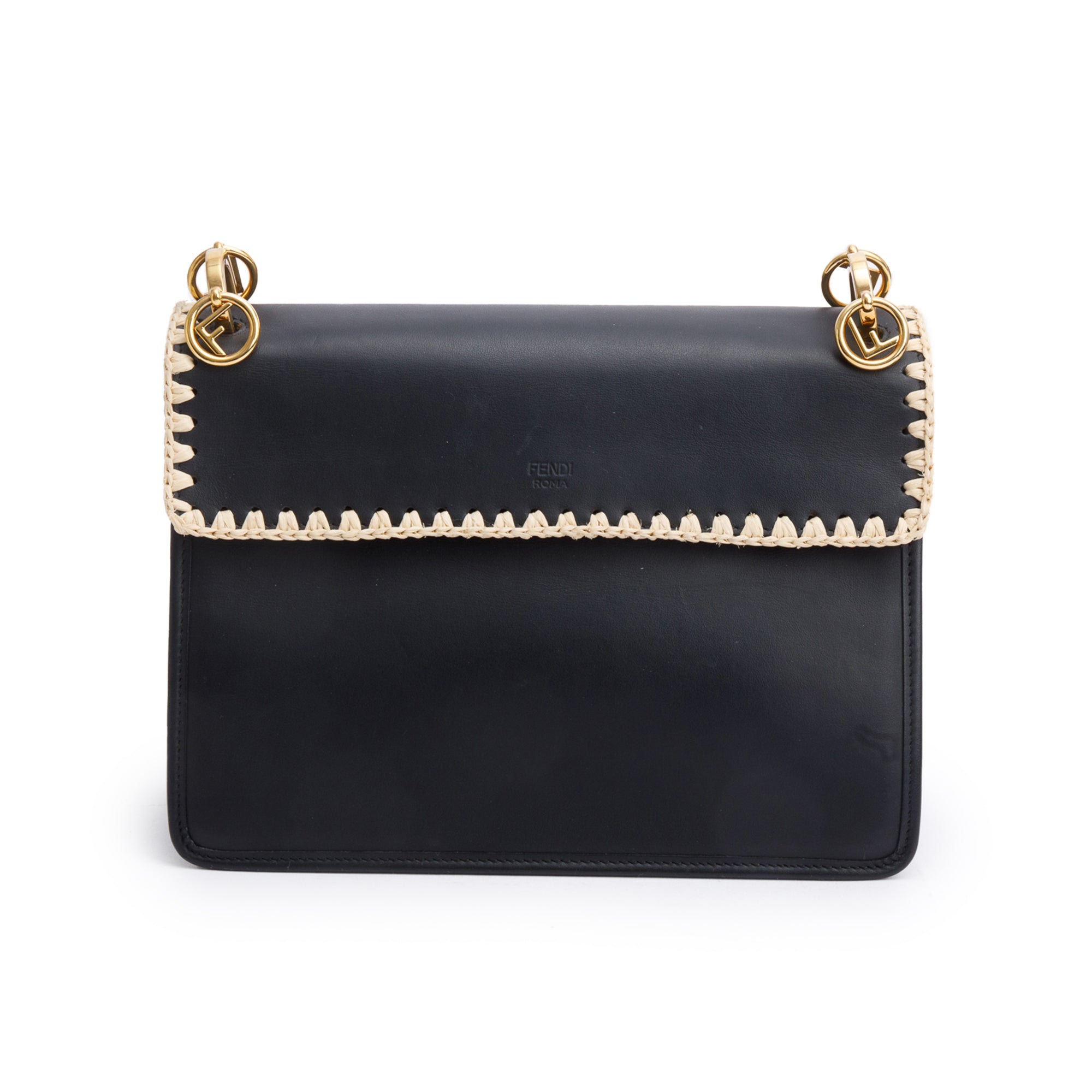 Fendi Black Calfskin Leather Raffia Snakeskin FF Embroidered Medium F is Fendi Kan I Shoulder Bag w/ Straps