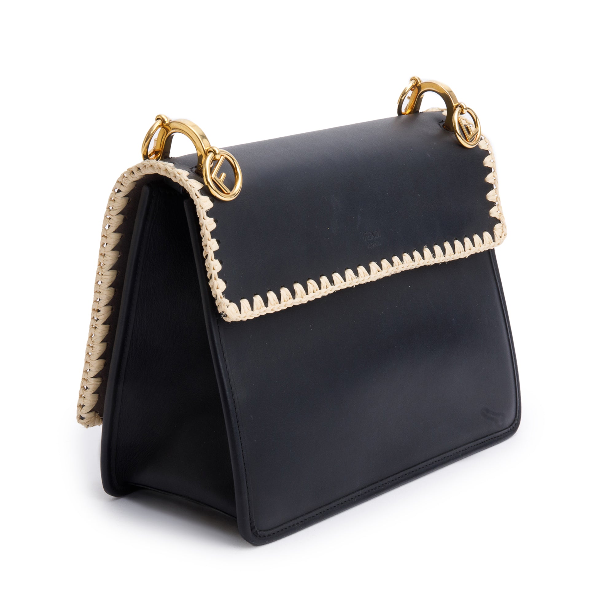 Fendi Black Calfskin Leather Raffia Snakeskin FF Embroidered Medium F is Fendi Kan I Shoulder Bag w/ Straps
