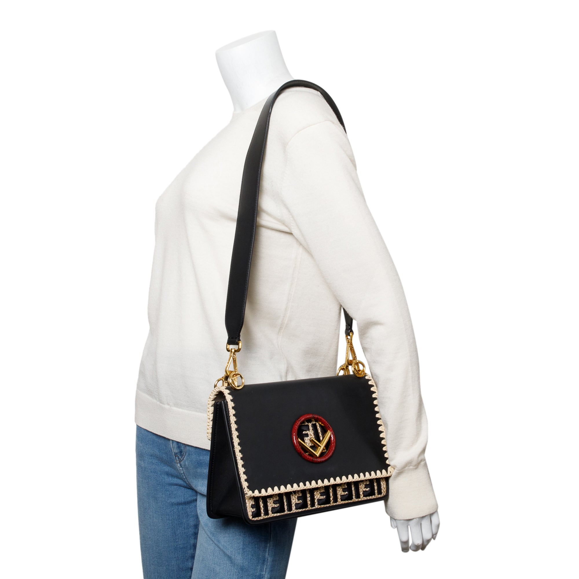Fendi Black Calfskin Leather Raffia Snakeskin FF Embroidered Medium F is Fendi Kan I Shoulder Bag w/ Straps
