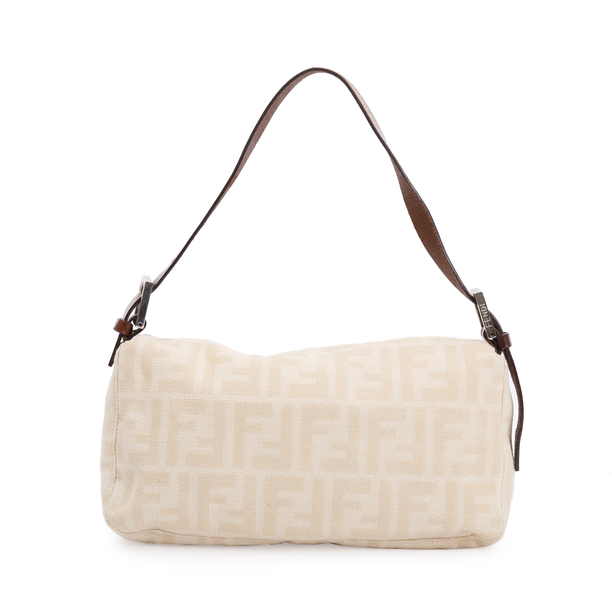 Fendi Beige FF Zucca Canvas Brown Leather Trim Baguette Shoulder Bag