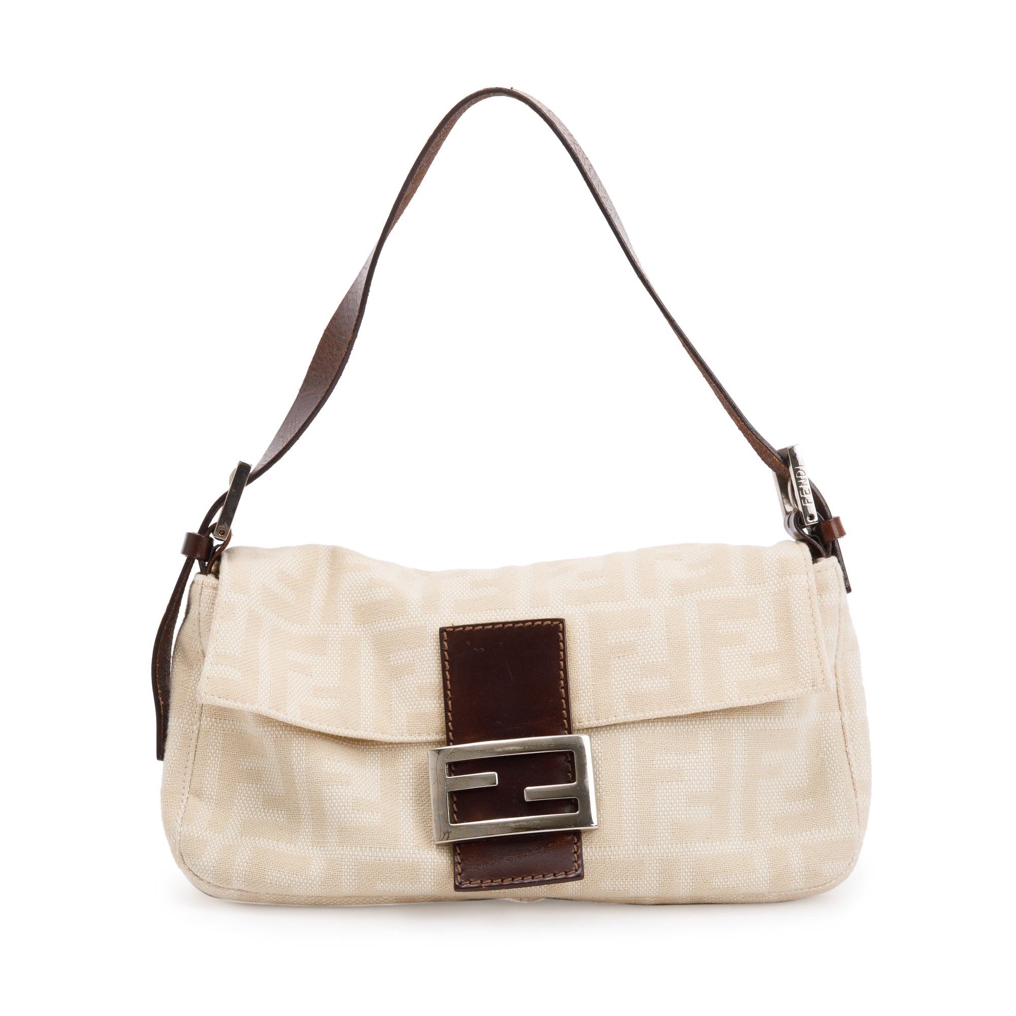 Fendi Beige FF Zucca Canvas Brown Leather Trim Baguette Shoulder Bag