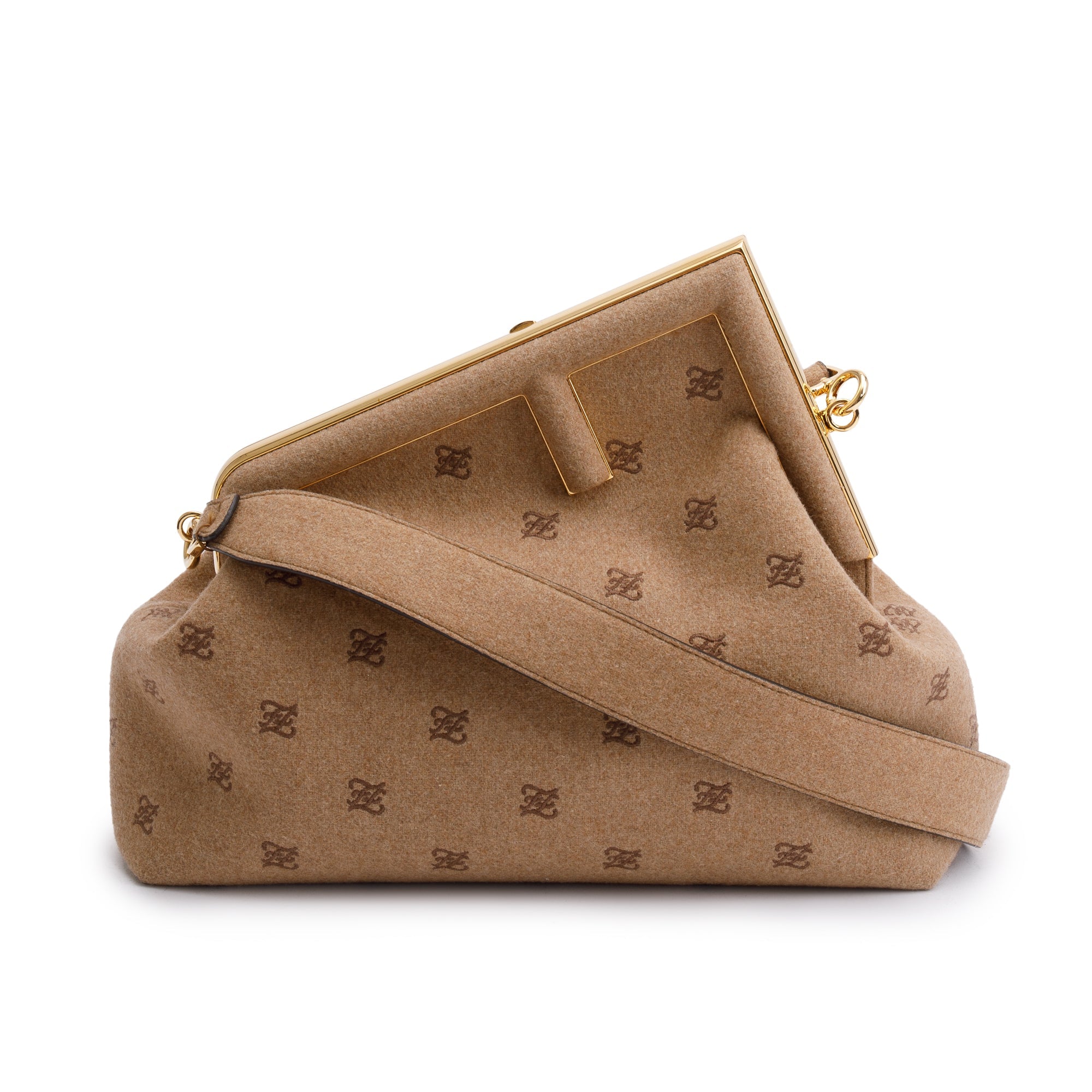 Fendi Beige Flannel Karligraphy Embroidered Medium Fendi First Bag w/ Strap