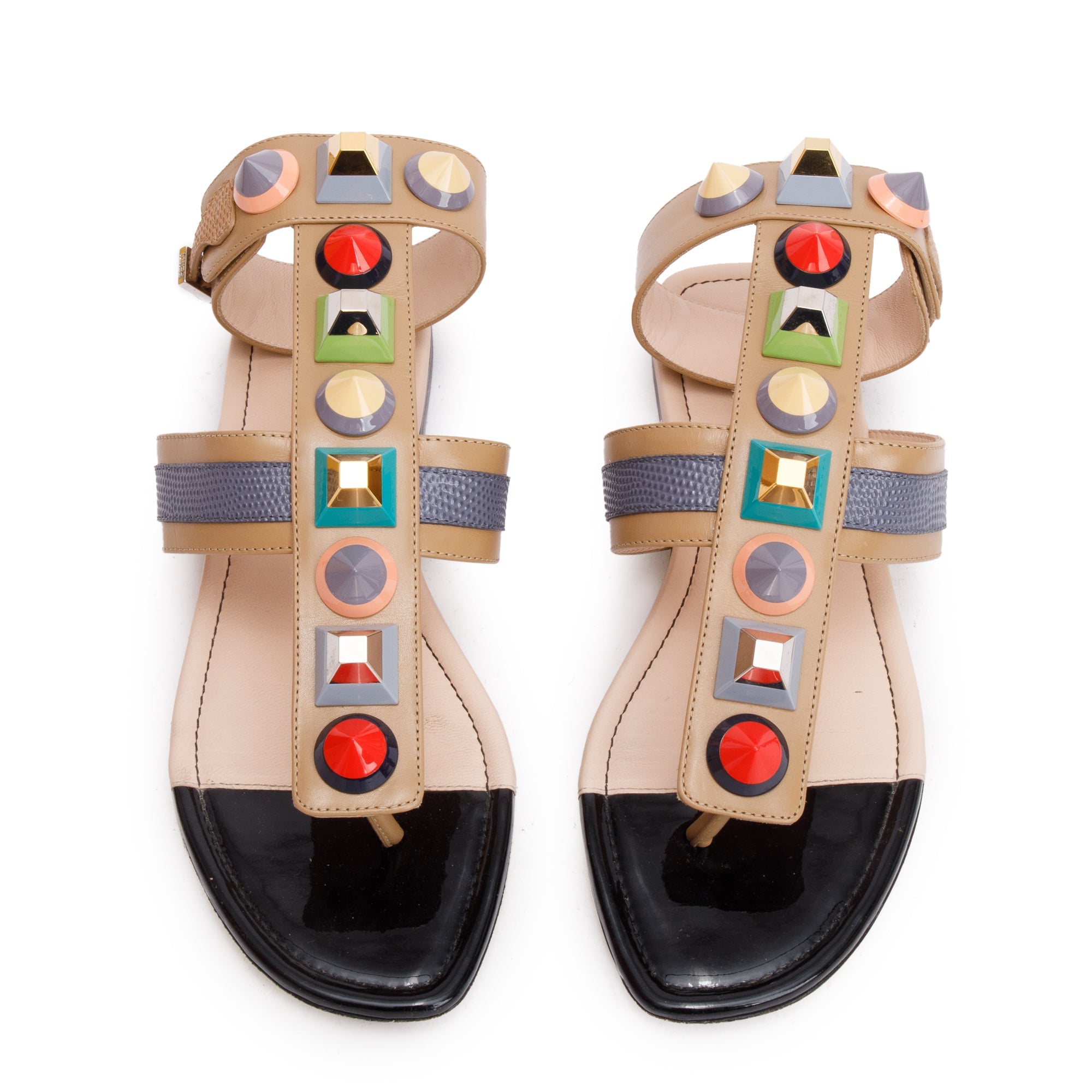Fendi Beige Leather Rainbow Studs Gladiator Sandals, Size 35.5