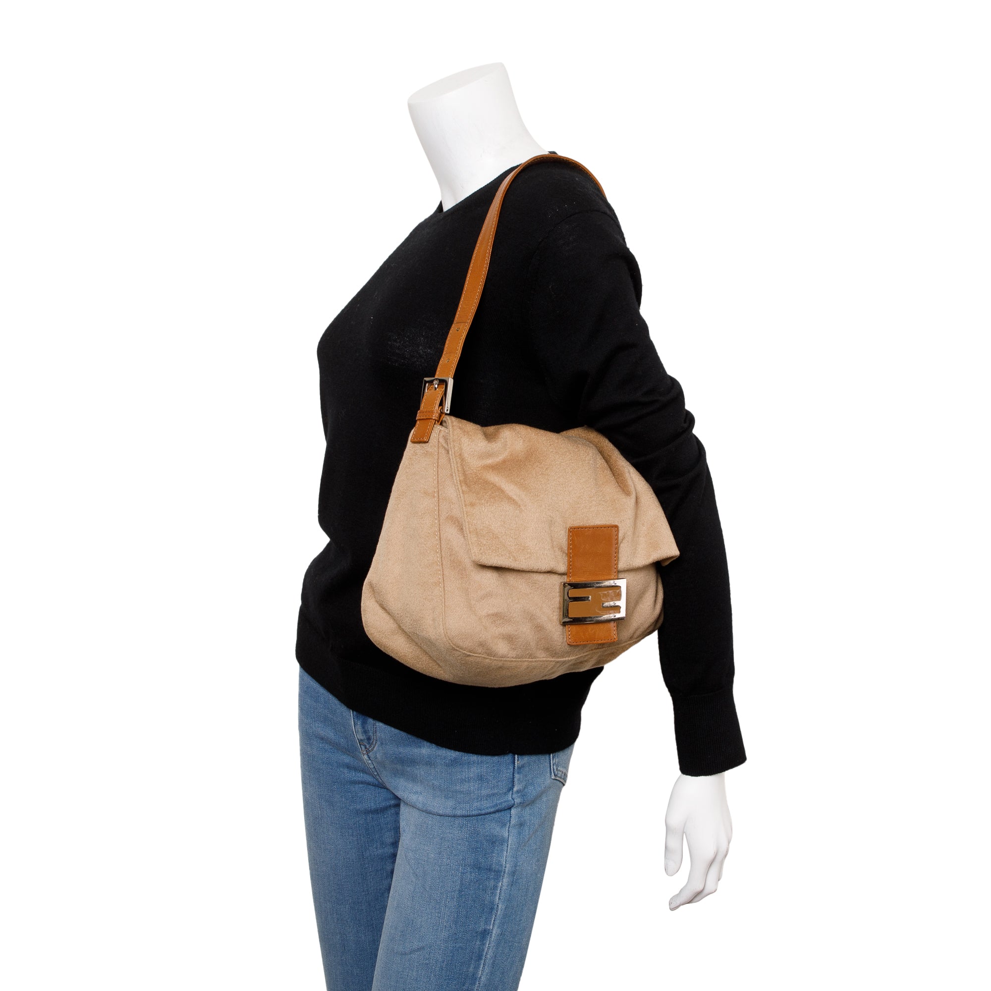 Fendi Beige Wool Tan Leather Trim Mama Forever Baguette Shoulder Bag