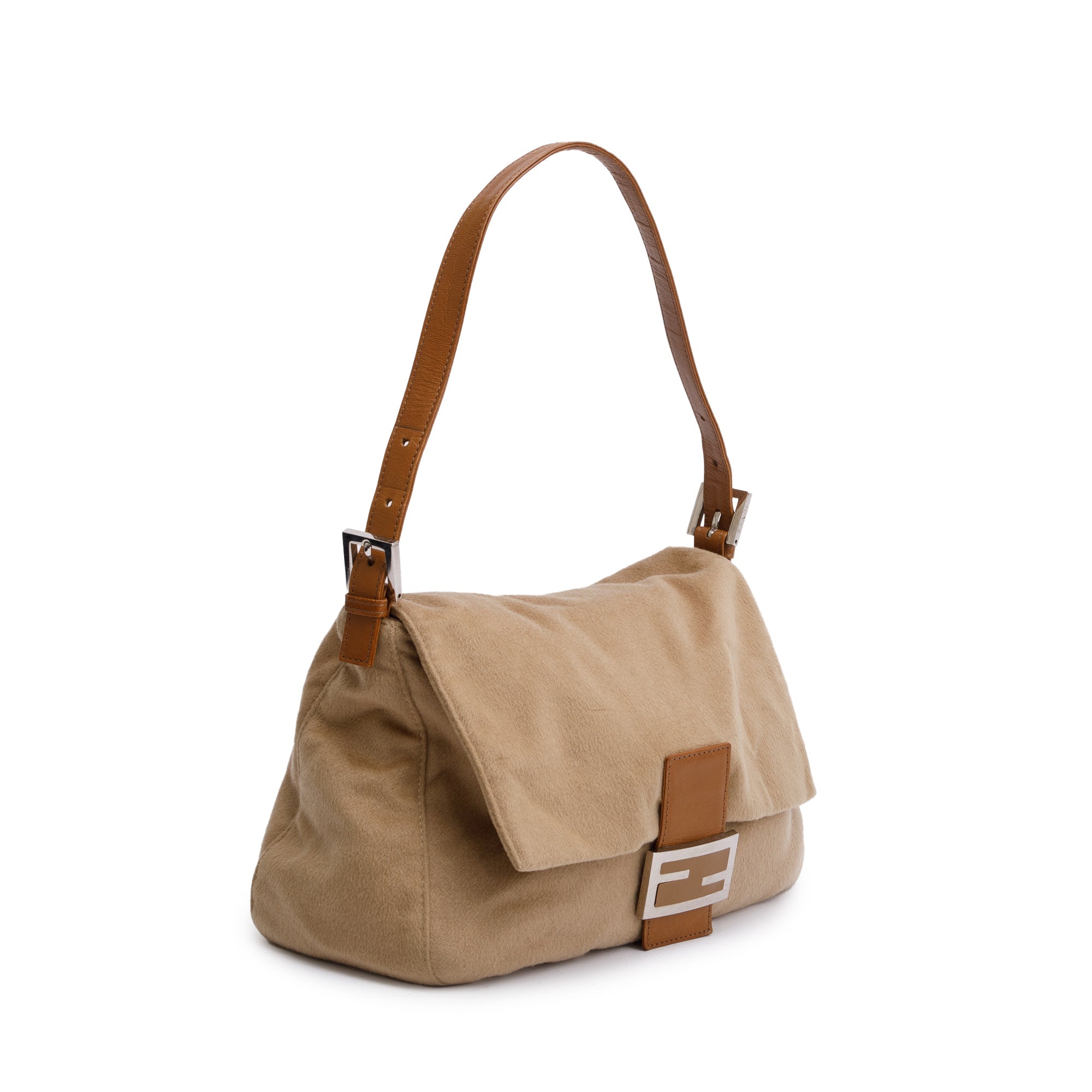 Fendi Beige Wool Tan Leather Trim Mama Forever Baguette Shoulder Bag