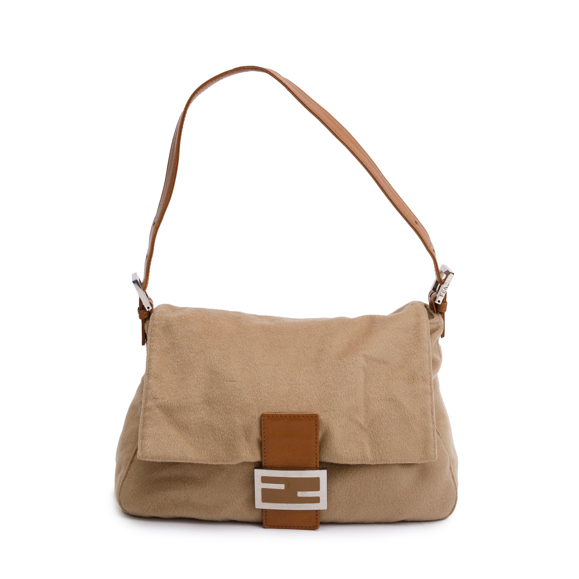 Fendi Beige Wool Tan Leather Trim Mama Forever Baguette Shoulder Bag
