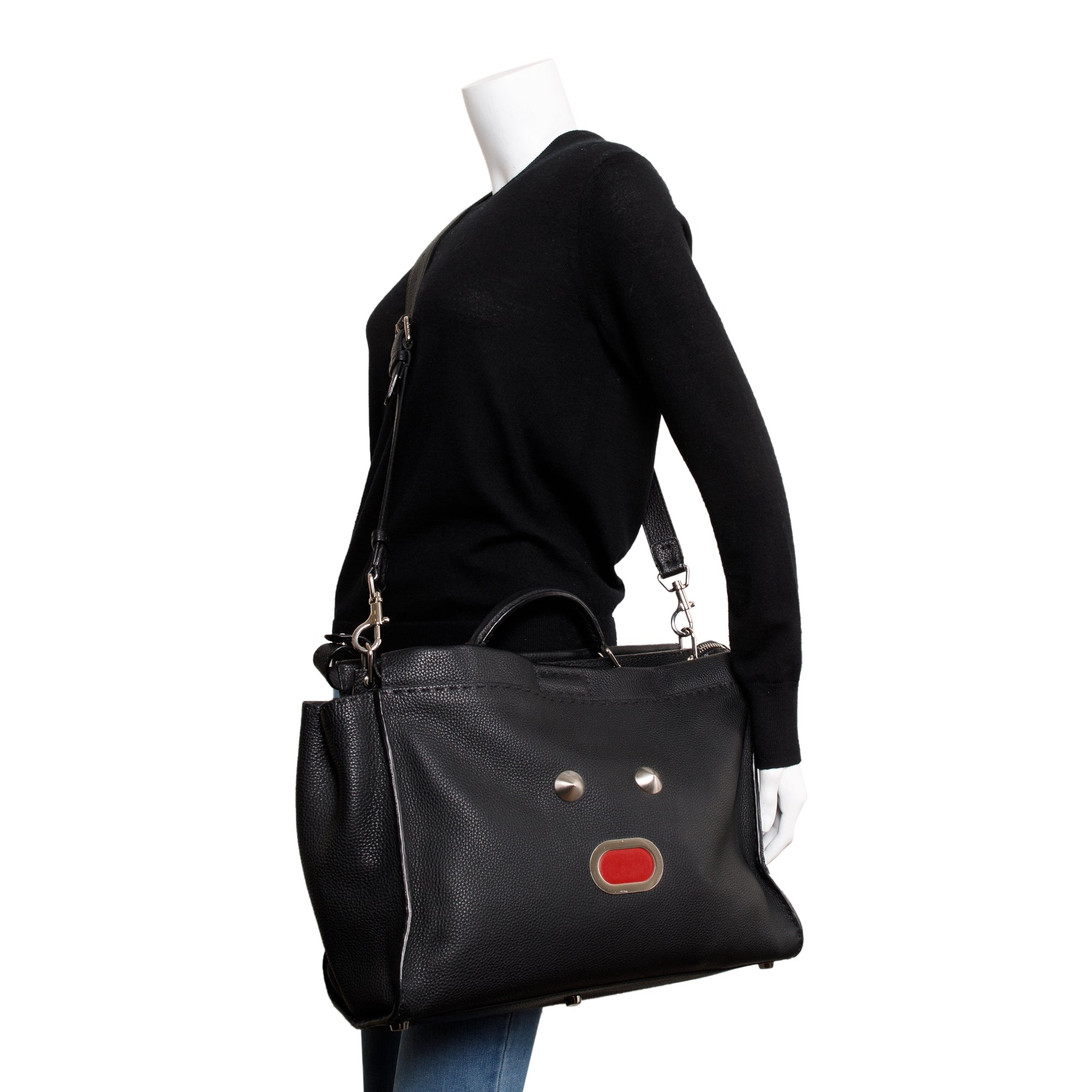 Fendi Black Calfskin Leather Faces XL Peekaboo Bag w/ Strap