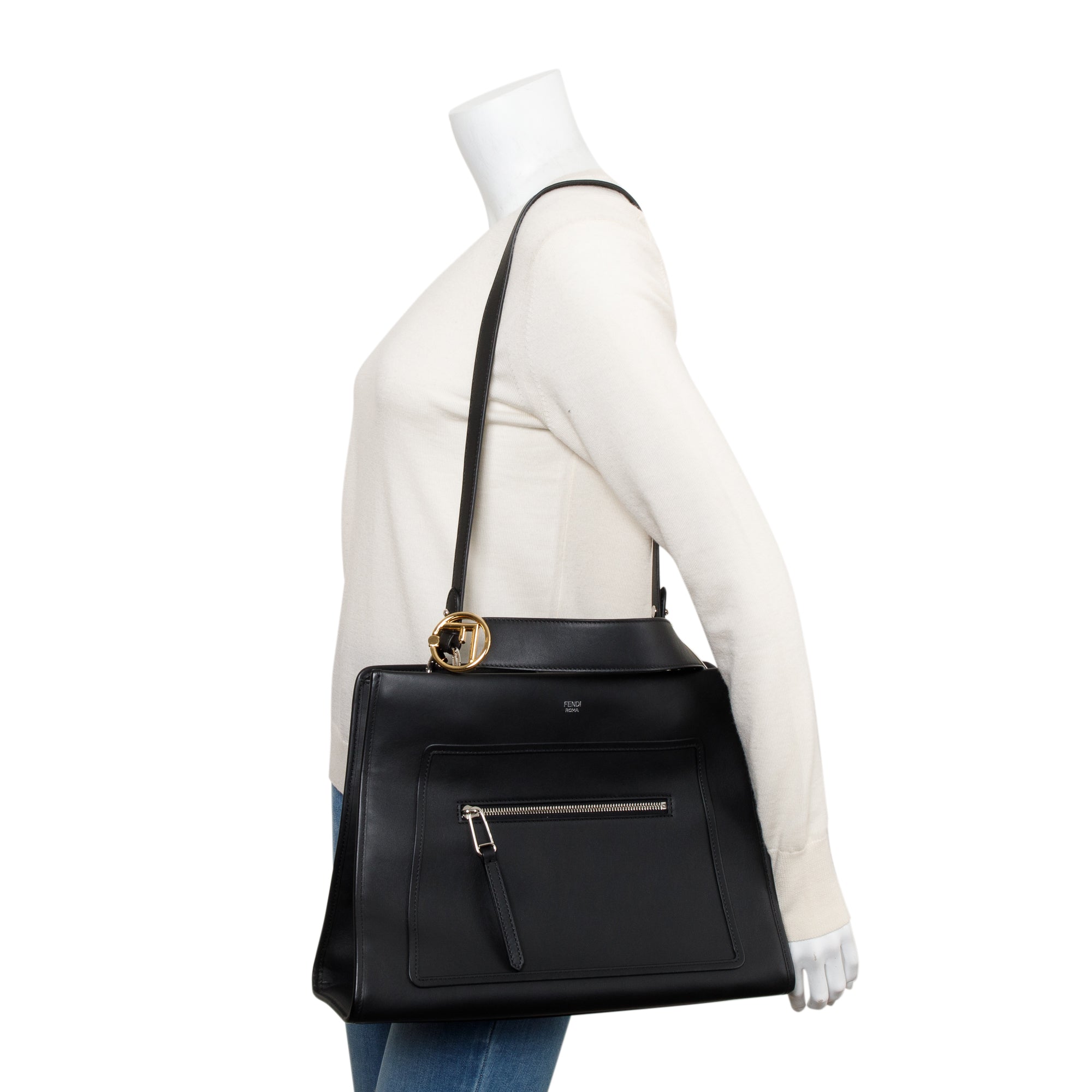 Fendi Black Calfskin Leather Medium F is Fendi Runaway Bag w/ Strap