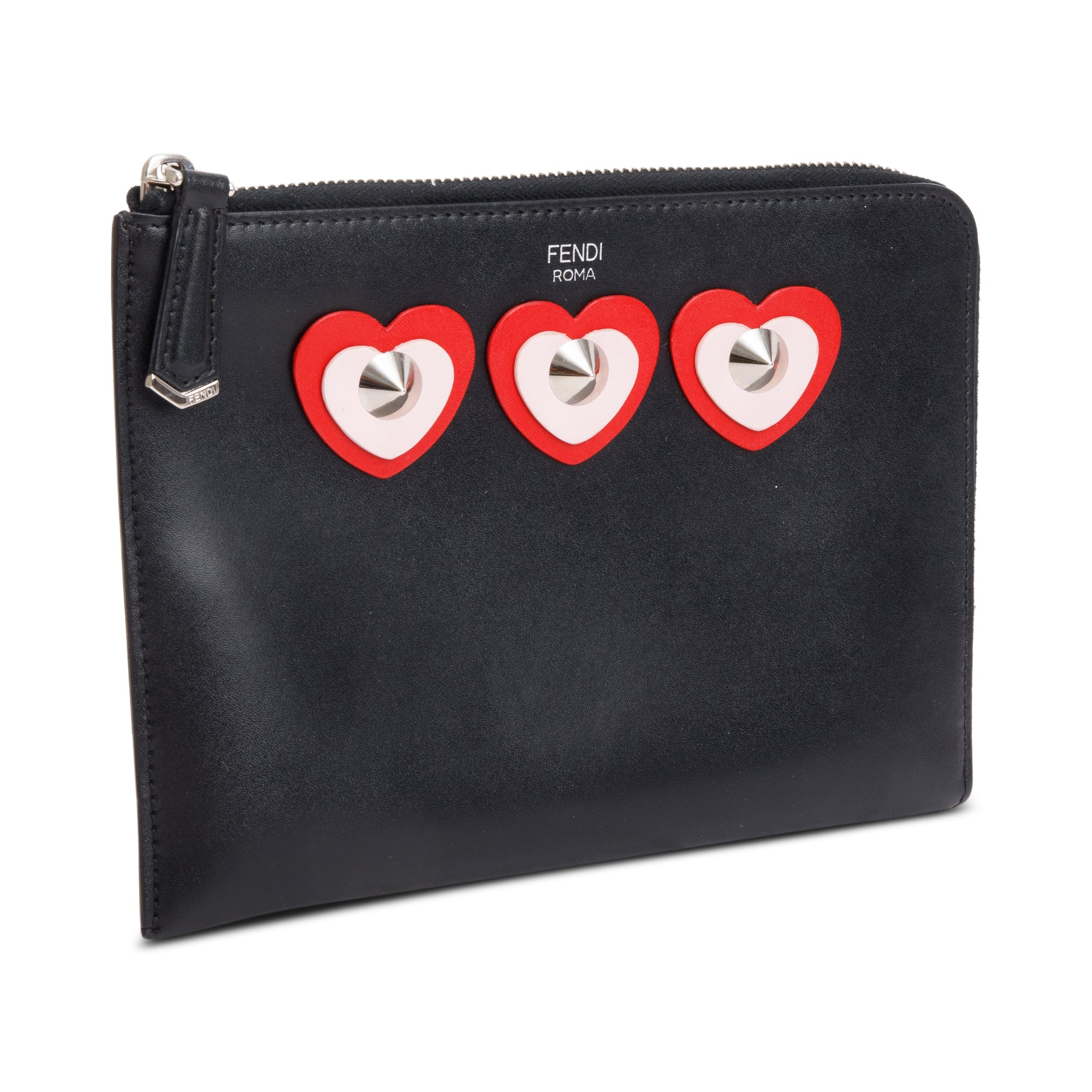 Fendi Black Calfskin Leather Studded Heart Zip Around Clutch w/ Box