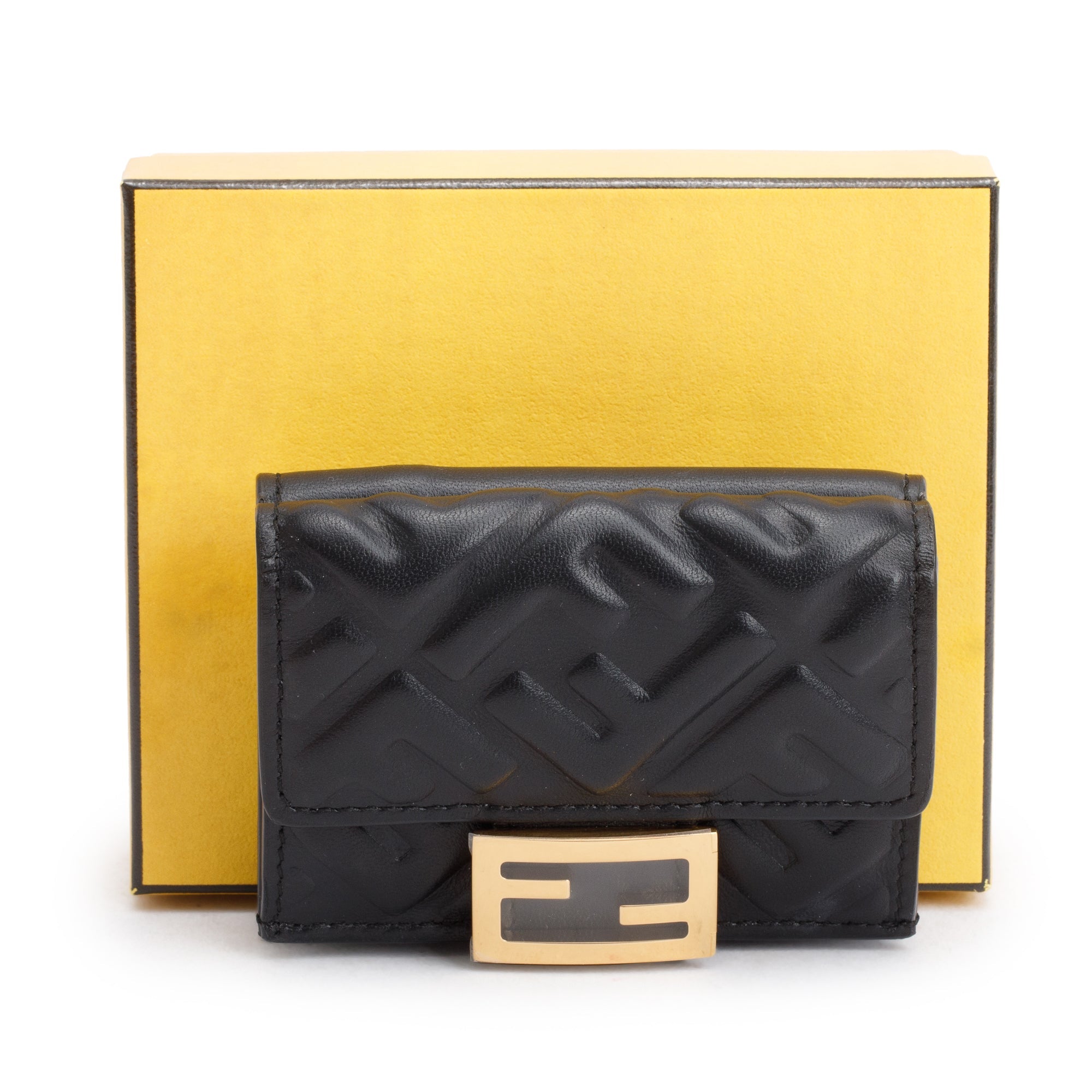 Fendi Black FF Embossed Leather Micro Trifold Wallet w/ Box