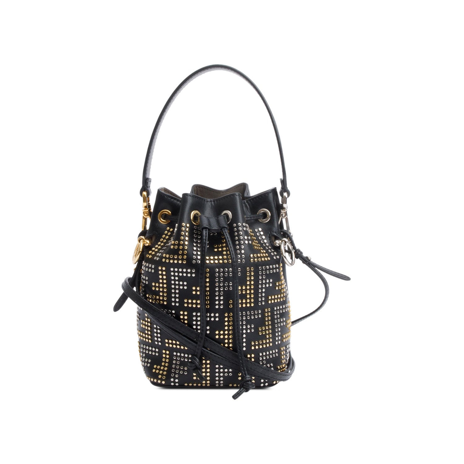 Fendi Black FF Studded Calfskin Leather Mini Mon Tresor Bucket Bag w/ Strap