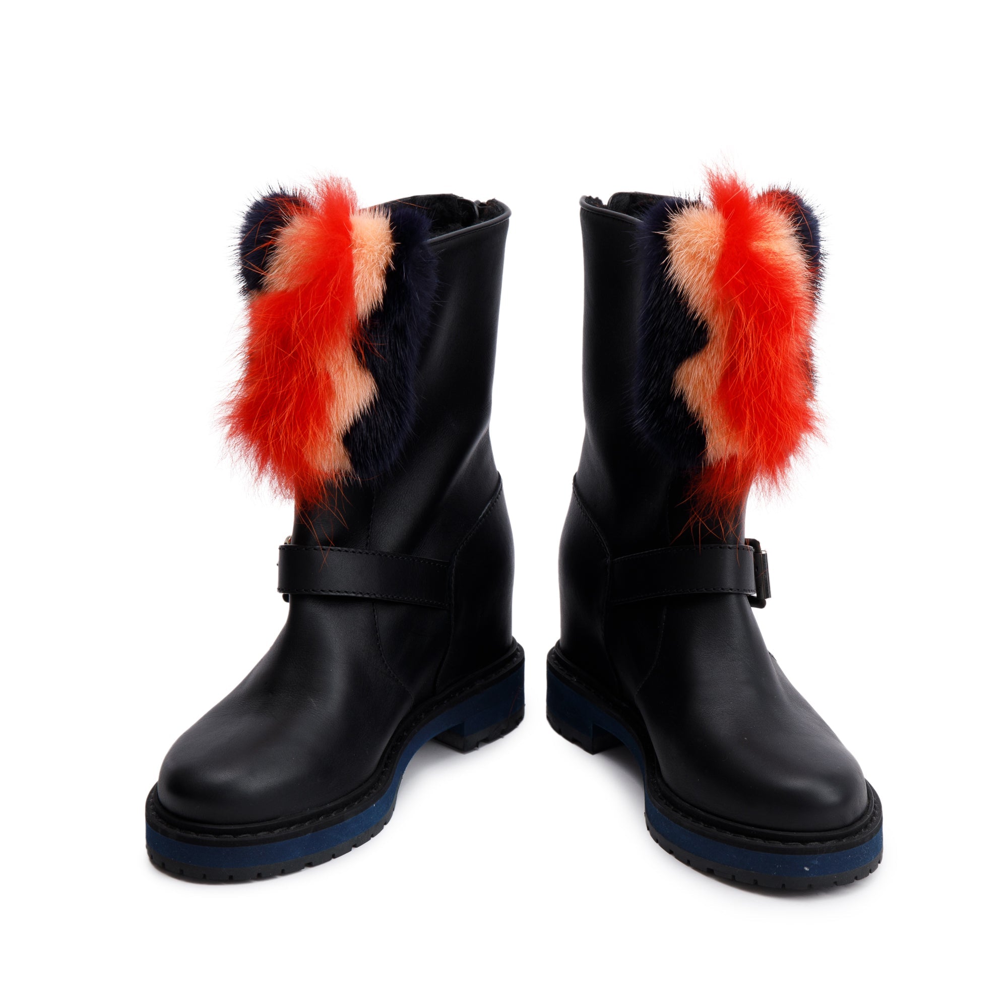 Fendi Black Leather Fur Trimmed Buckle Caroline Boots, Size 37.5