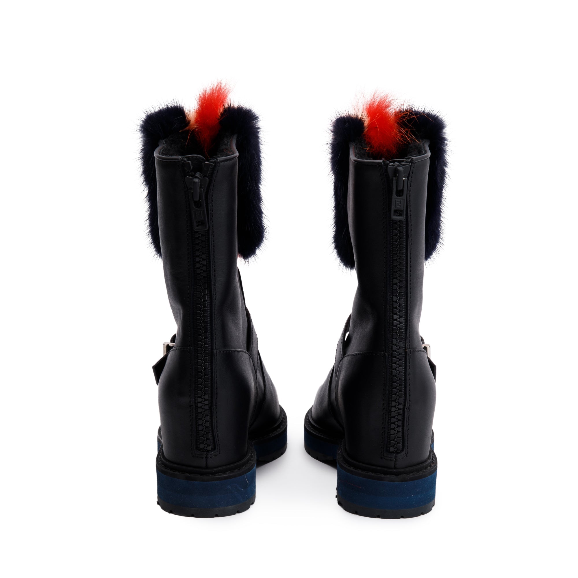 Fendi Black Leather Fur Trimmed Buckle Caroline Boots, Size 37.5