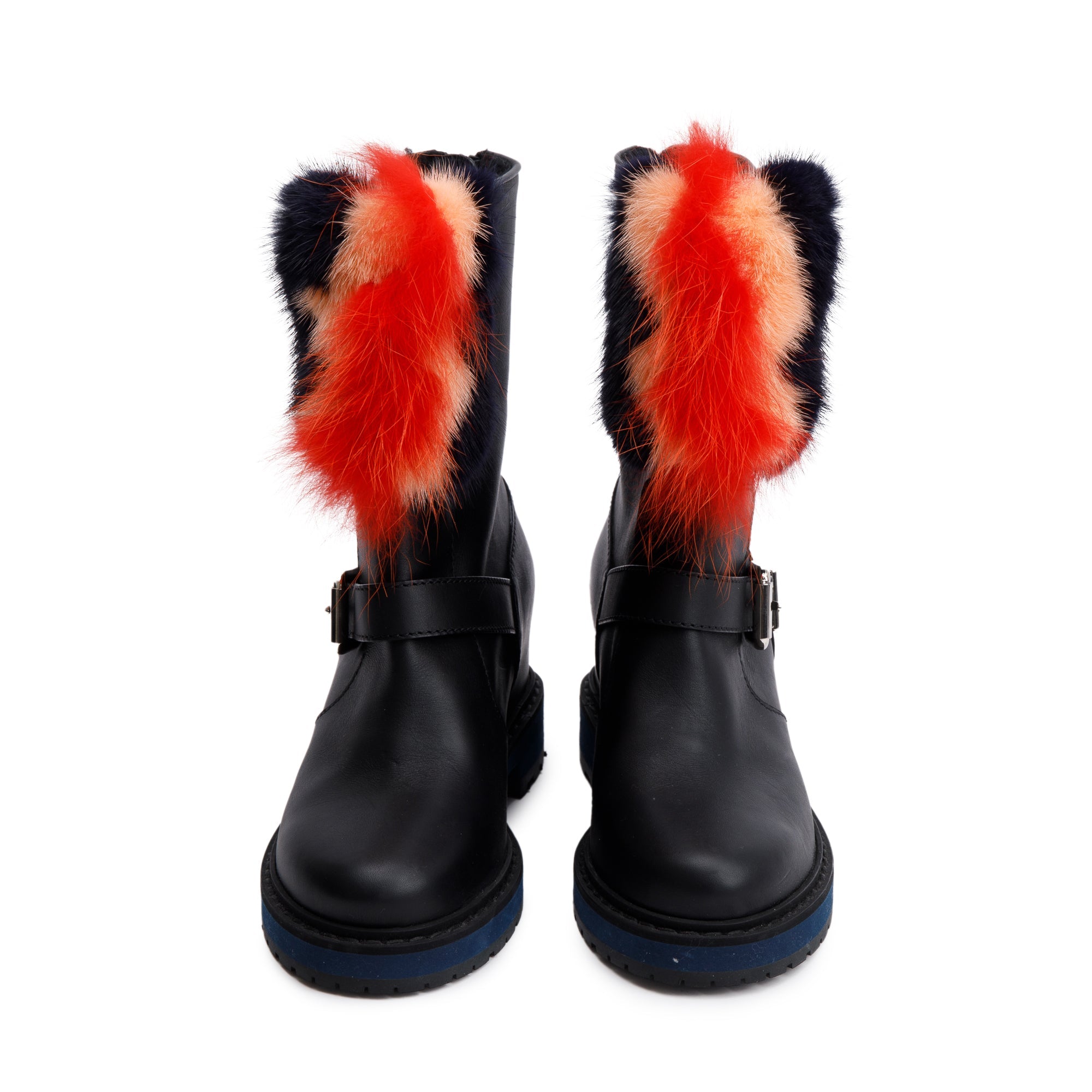 Fendi Black Leather Fur Trimmed Buckle Caroline Boots, Size 37.5