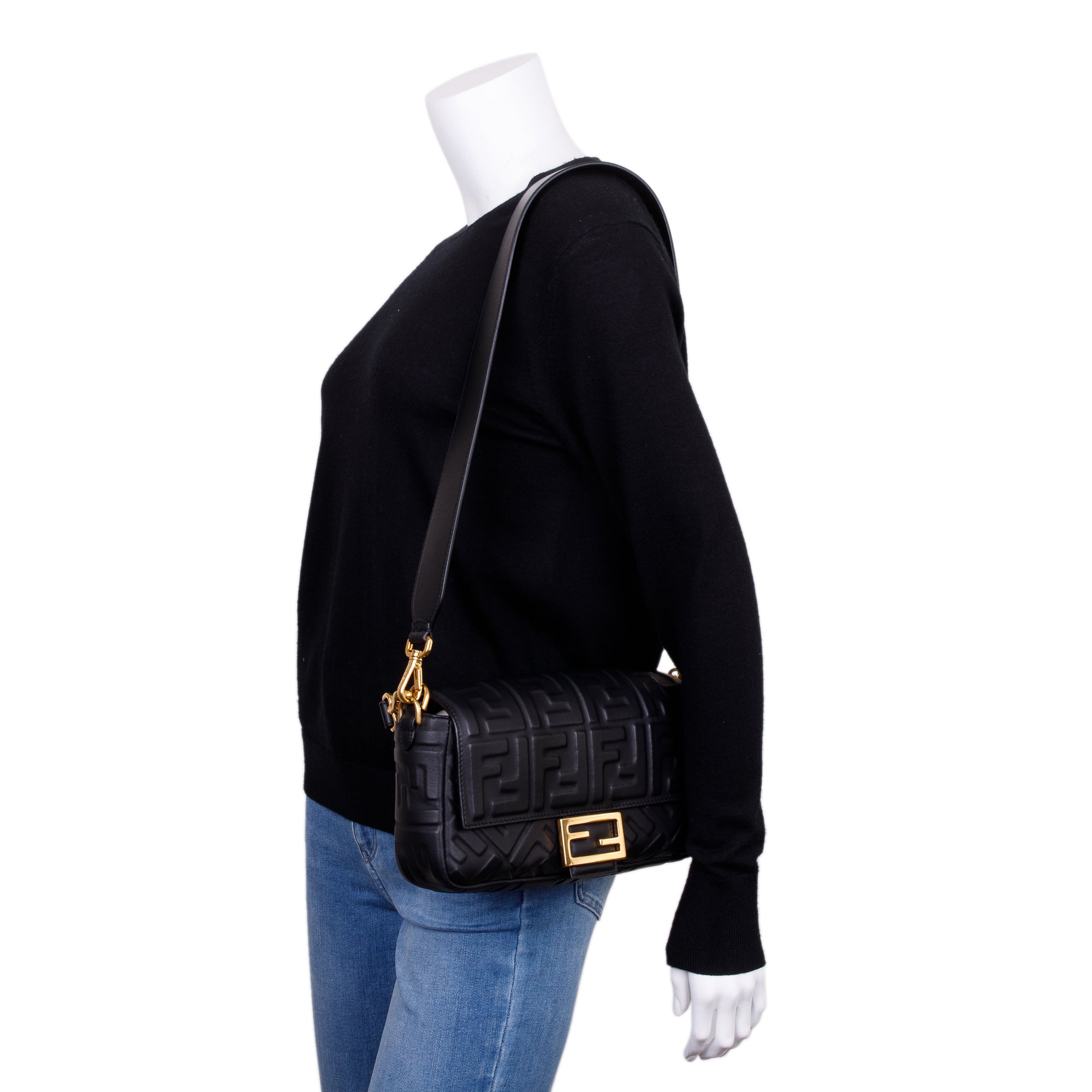 Fendi Black Nappa FF Leather Embossed Baguette NM Shoulder Bag w/ Box