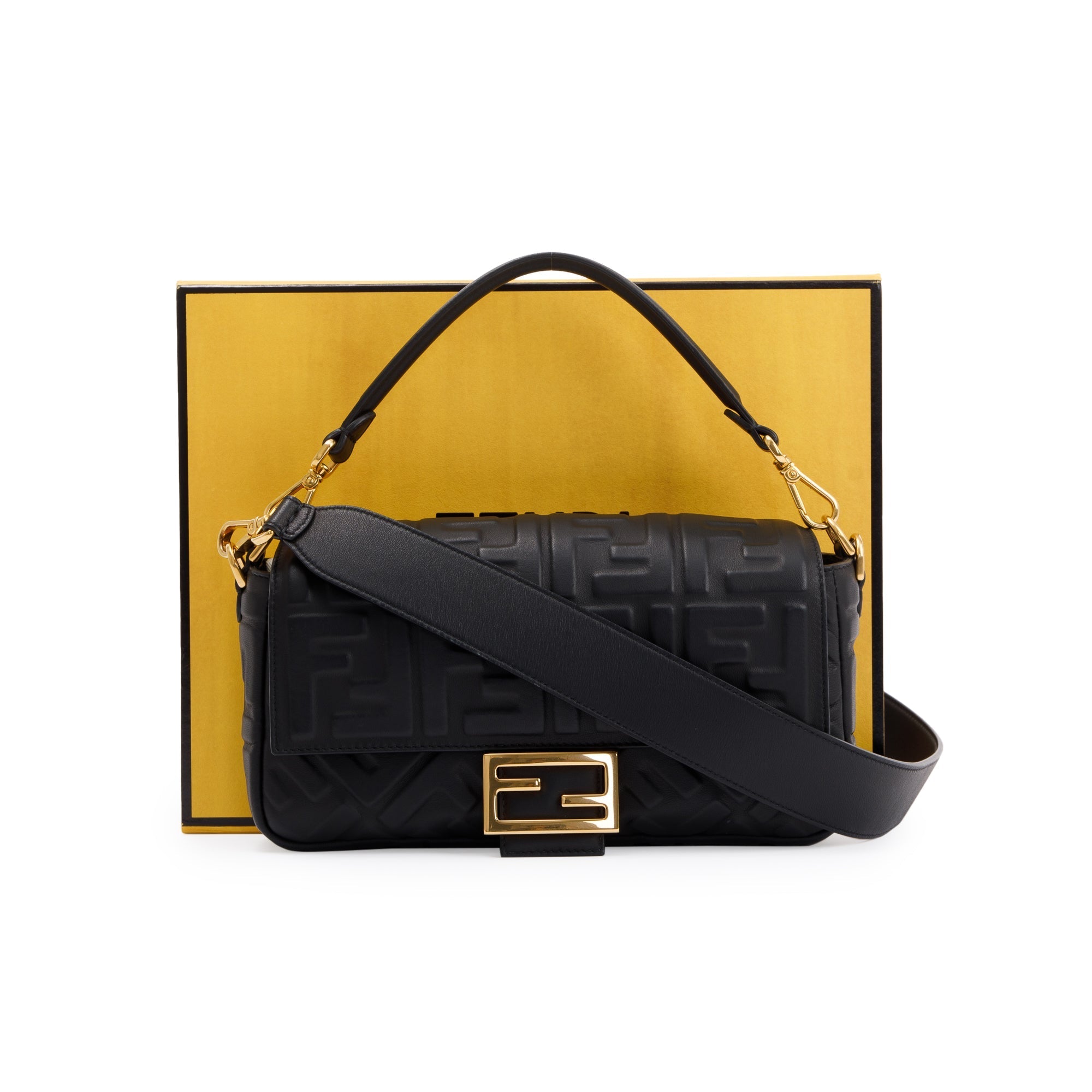 Fendi Black Nappa FF Leather Embossed Baguette NM Shoulder Bag w/ Box