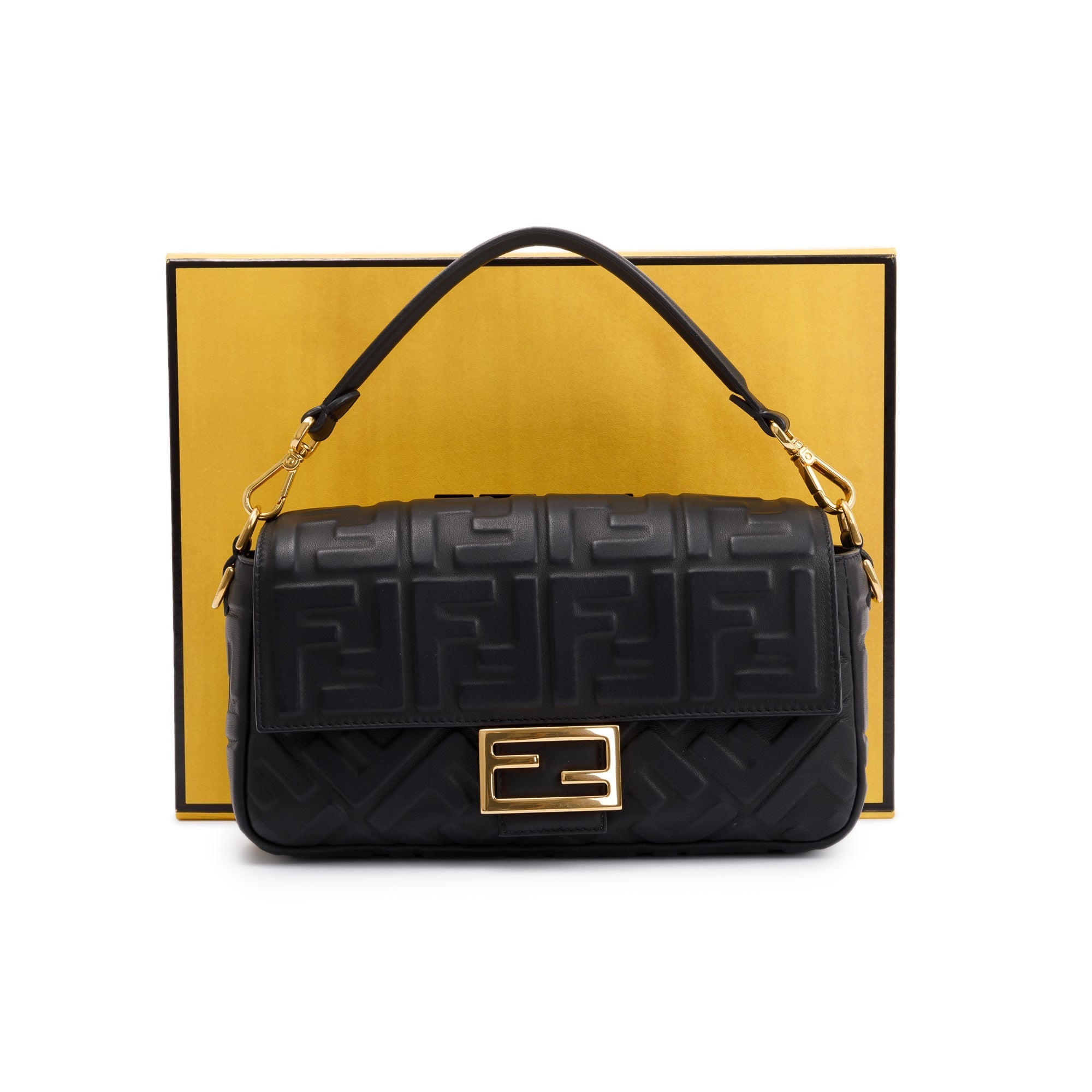 Fendi Black Nappa FF Leather Embossed Baguette NM Shoulder Bag w/ Box