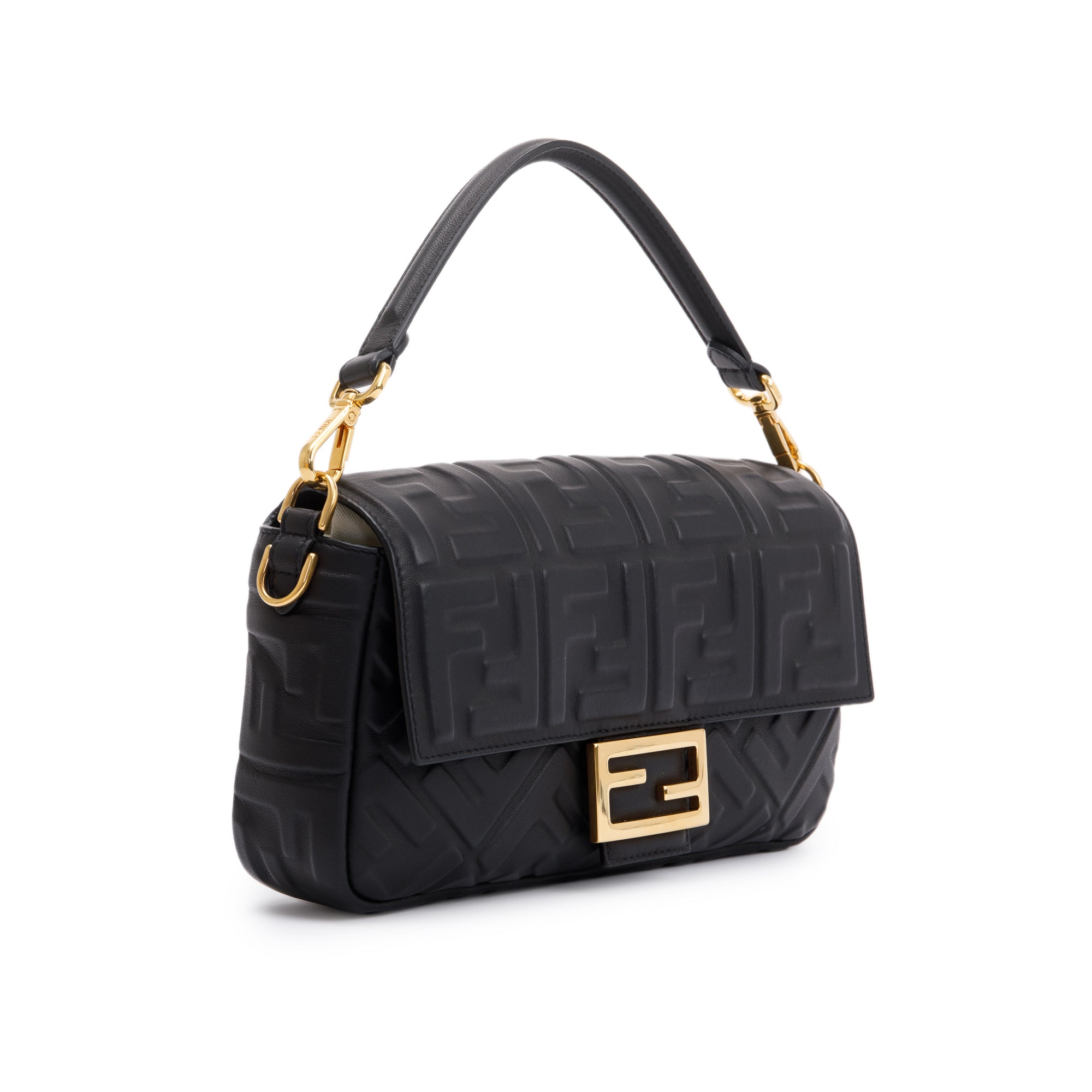 Fendi Black Nappa FF Leather Embossed Baguette NM Shoulder Bag w/ Box