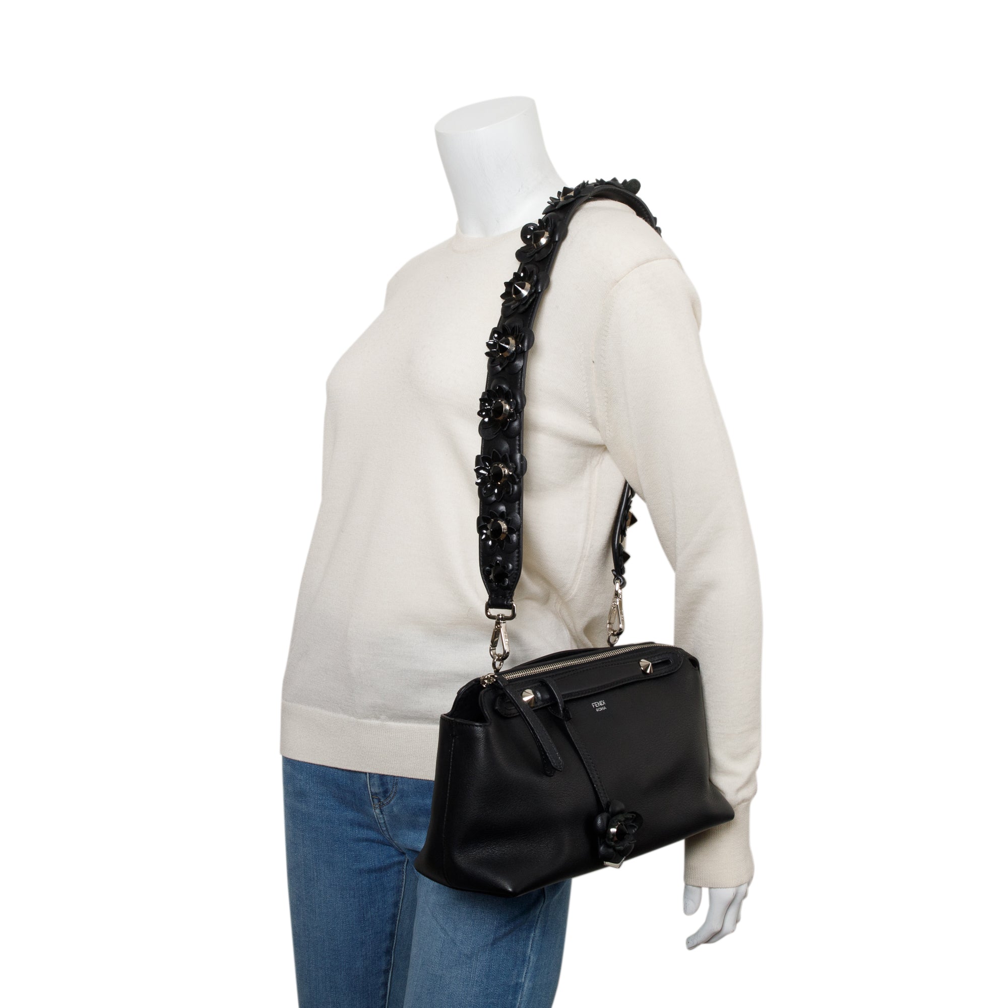 Fendi Black Vitello Dolce Flowerland Small By the Way Boston Bag w/ Flowerland Strap