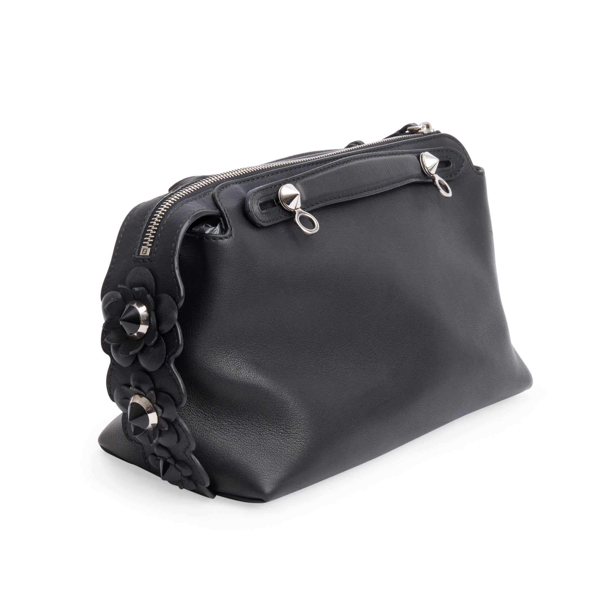 Fendi Black Vitello Dolce Flowerland Small By the Way Boston Bag w/ Flowerland Strap