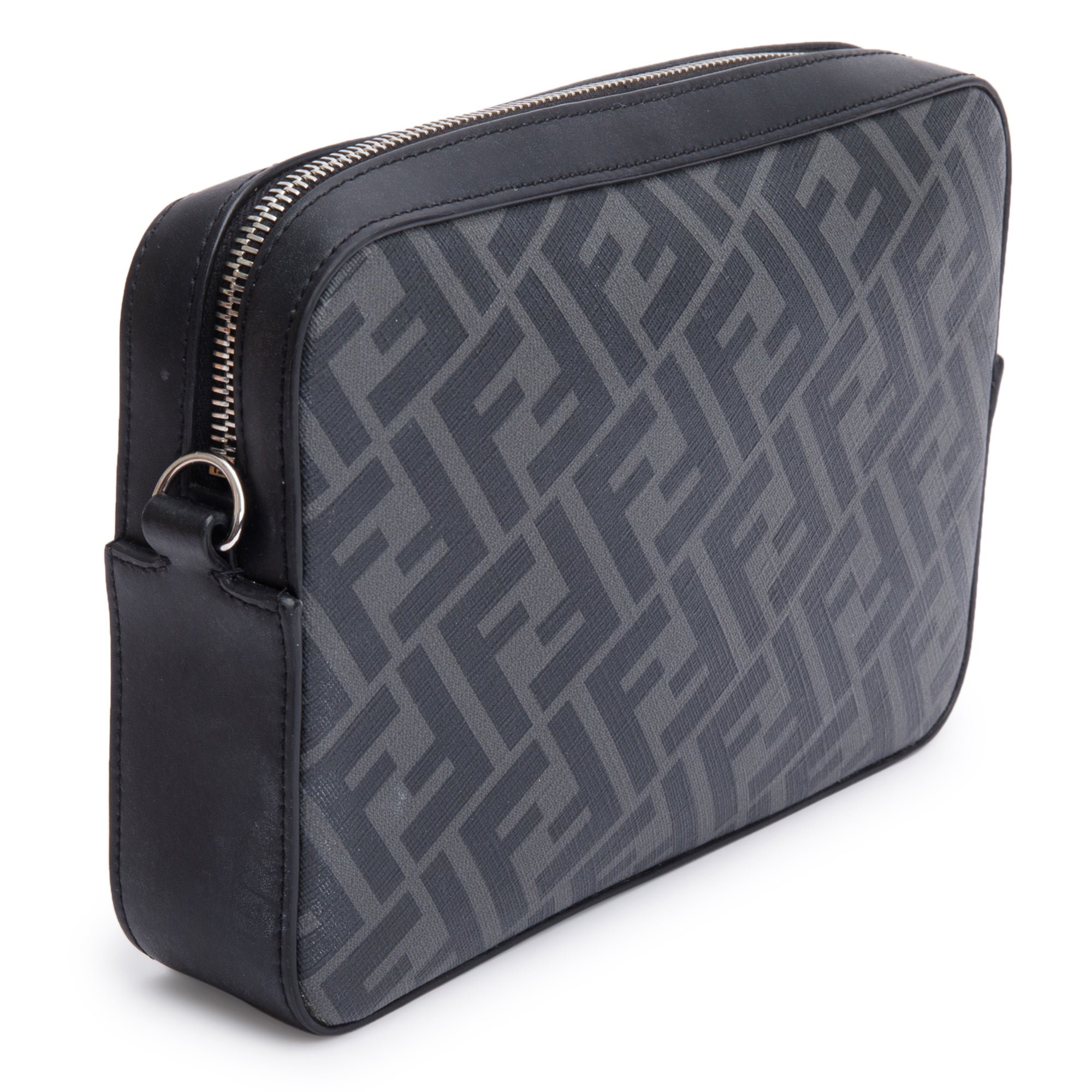 Fendi Black Vitello Liberty Leather Grey FF Canvas Diagonal Camera Case Bag