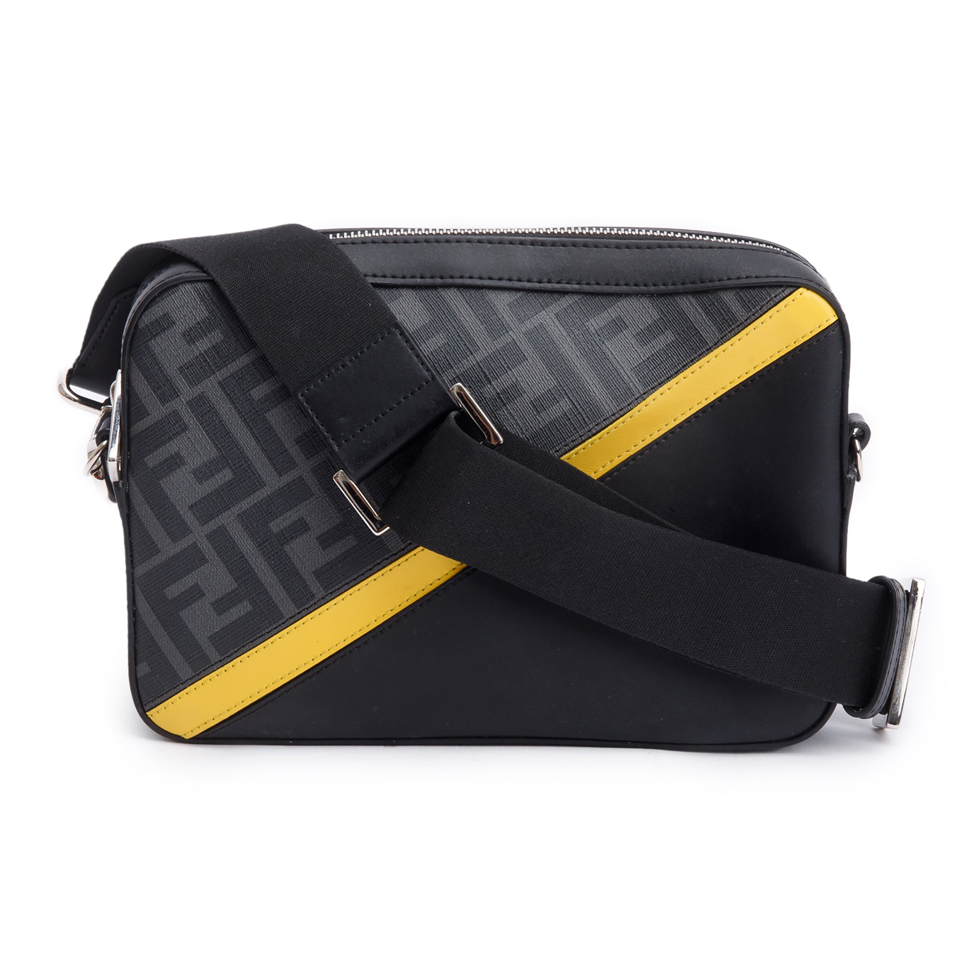 Fendi Black Vitello Liberty Leather Grey FF Canvas Diagonal Camera Case Bag