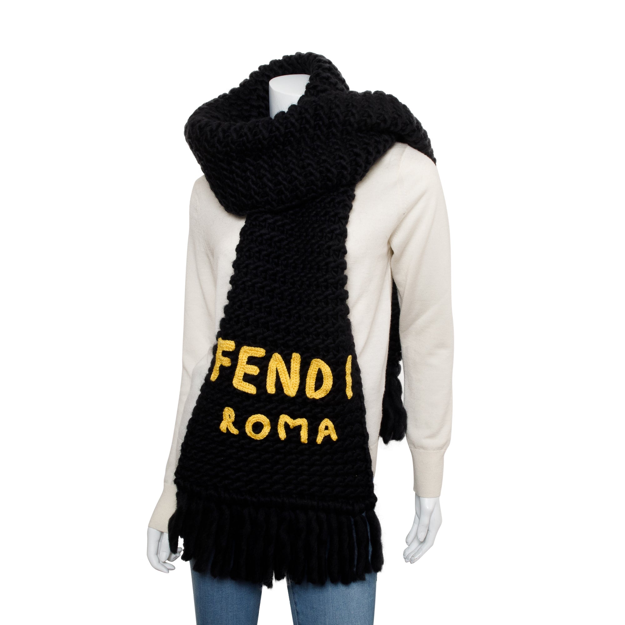 Fendi Black Wool Fendi Roma Logo Scarf w/ Box