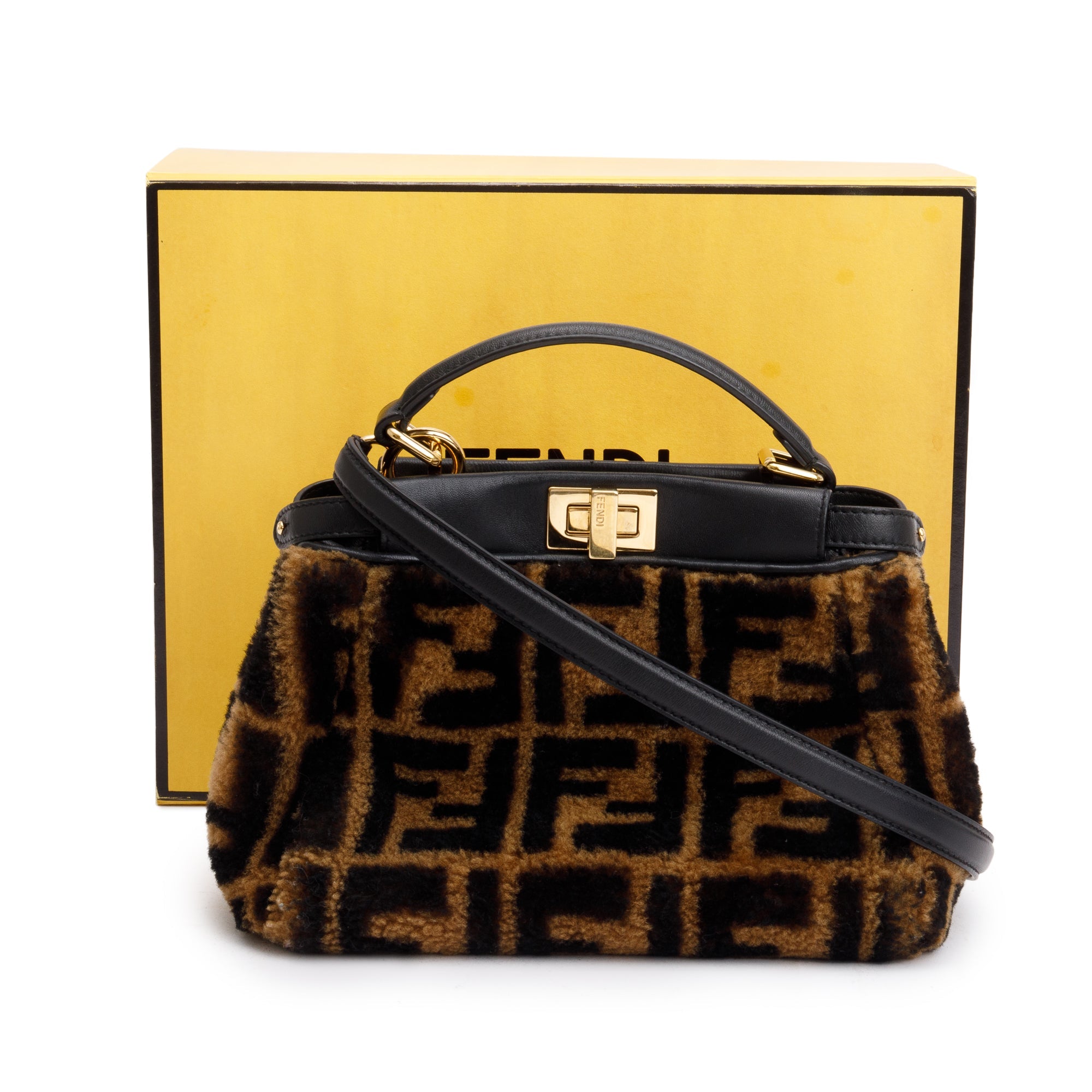 Fendi Black/Brown Shearling Nappa Macro FF 1974 Mini Peekaboo Bag w/ Box