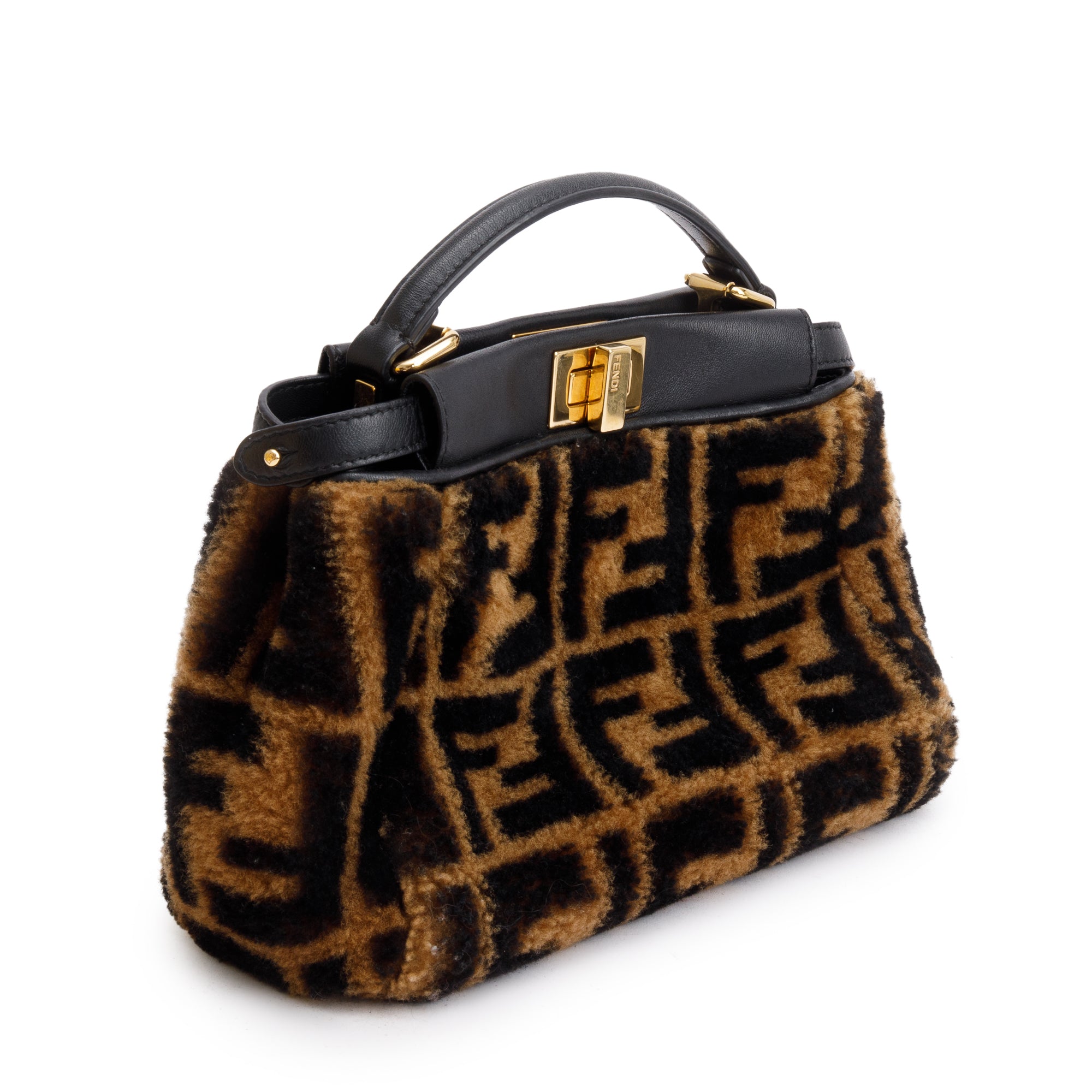 Fendi Black/Brown Shearling Nappa Macro FF 1974 Mini Peekaboo Bag w/ Box