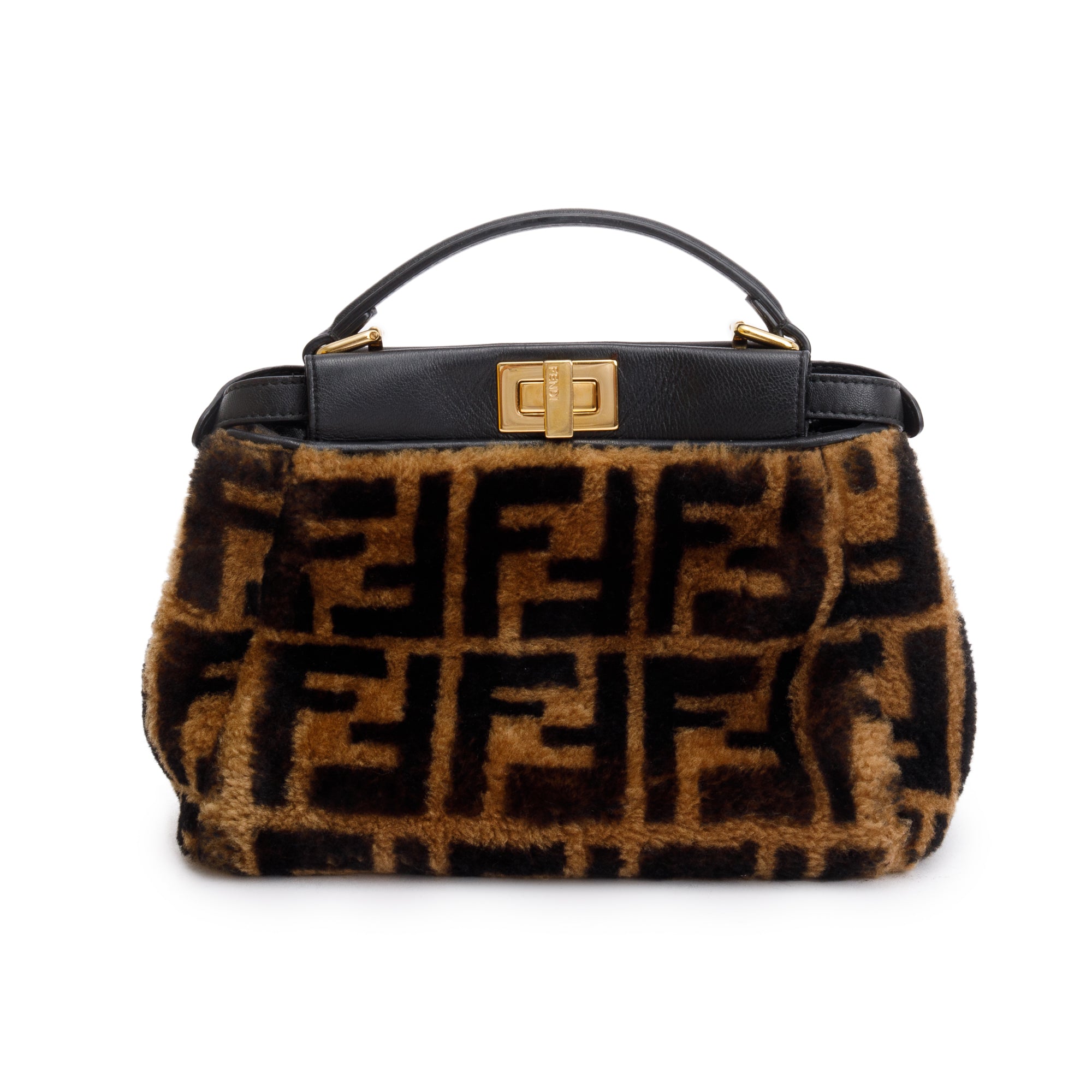 Fendi Black/Brown Shearling Nappa Macro FF 1974 Mini Peekaboo Bag w/ Box