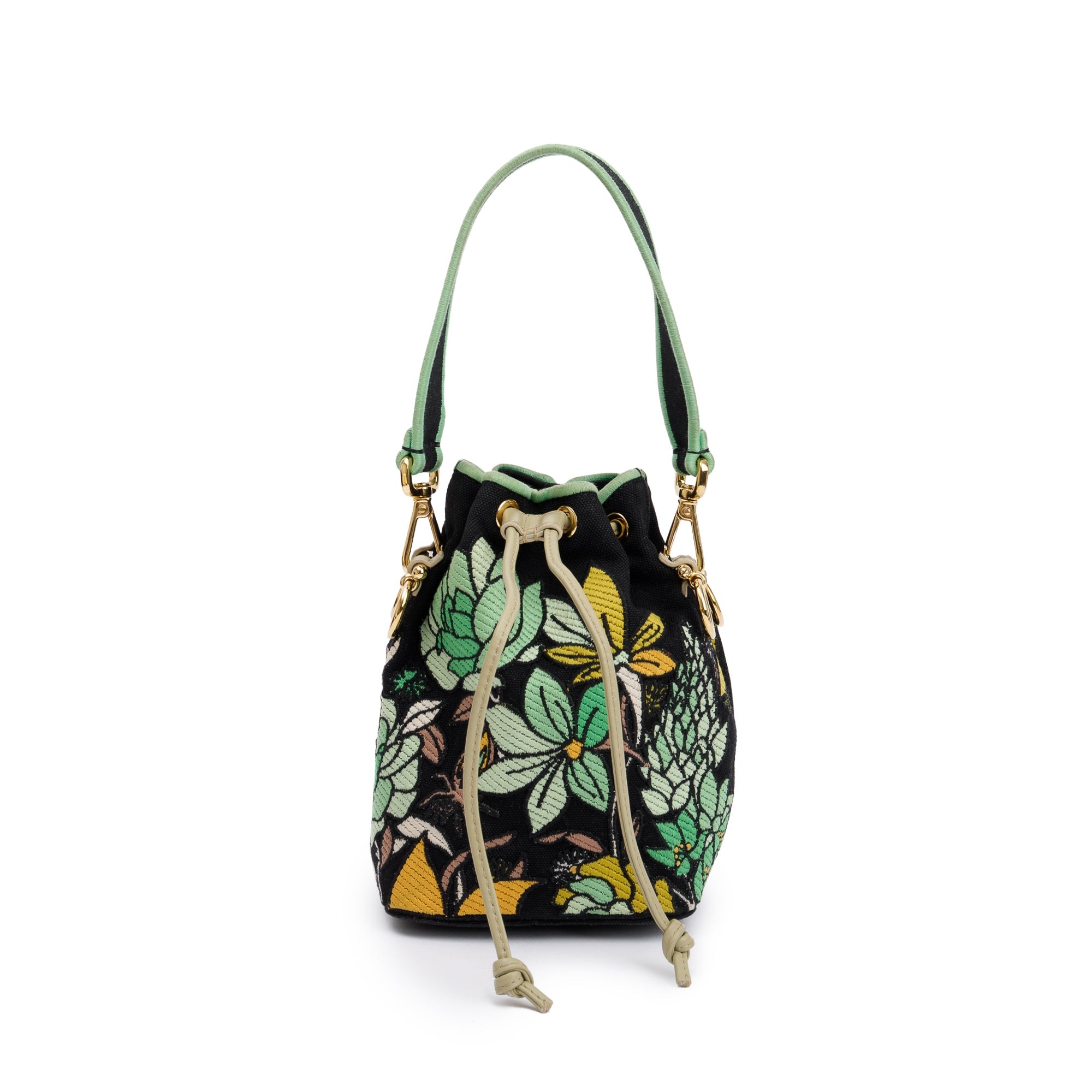 Fendi Black/Green Floral Embroidered Canvas Psychedelic Mini Mon Tresor Bucket Bag w/ Strap