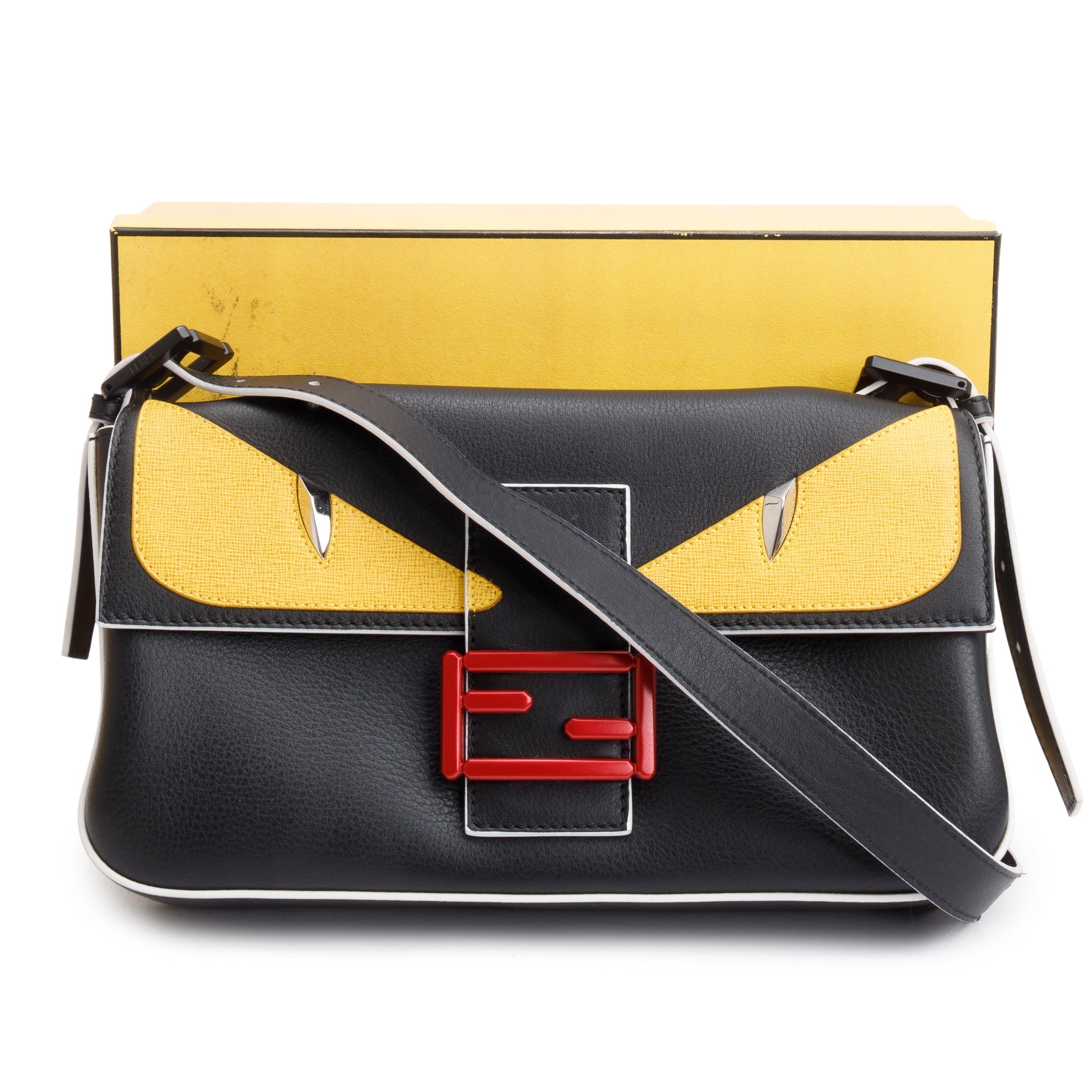 Fendi Black/Yellow Calf Leather Monster Eye Convertible Baguette Bag w/ Strap & Box